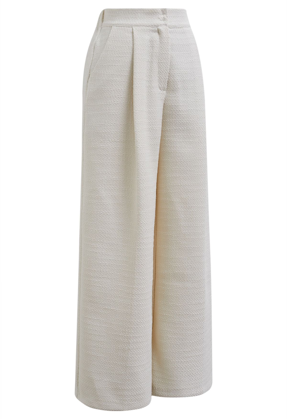 Stylish Tweed Pleats Palazzo Pants in Ivory