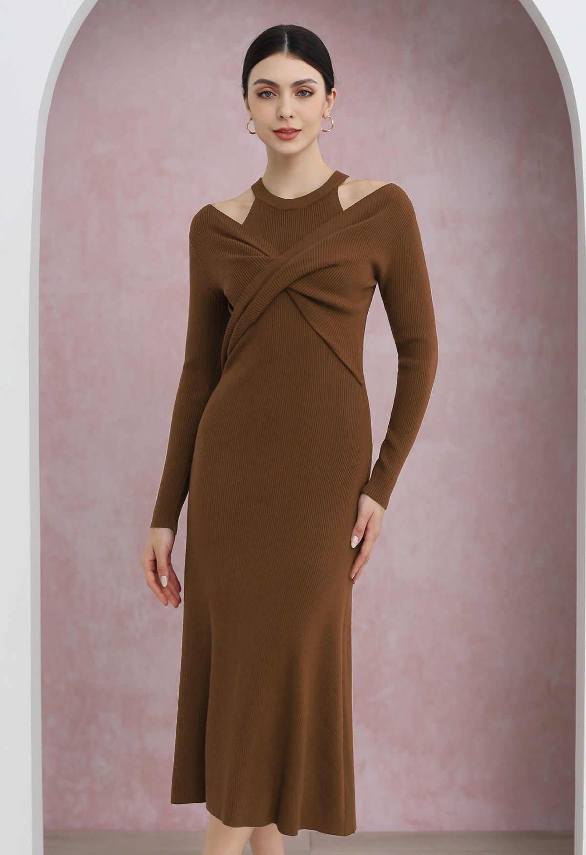 Cutout Shoulders Cross Front Knit Midi Dress in Caramel