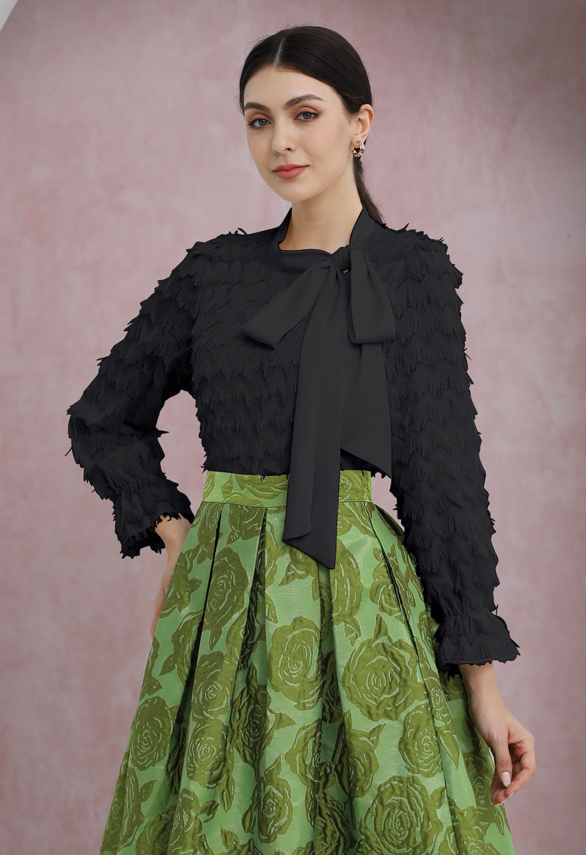 Satin Bowknot Wavy Tassel Overlay Shirt in Black