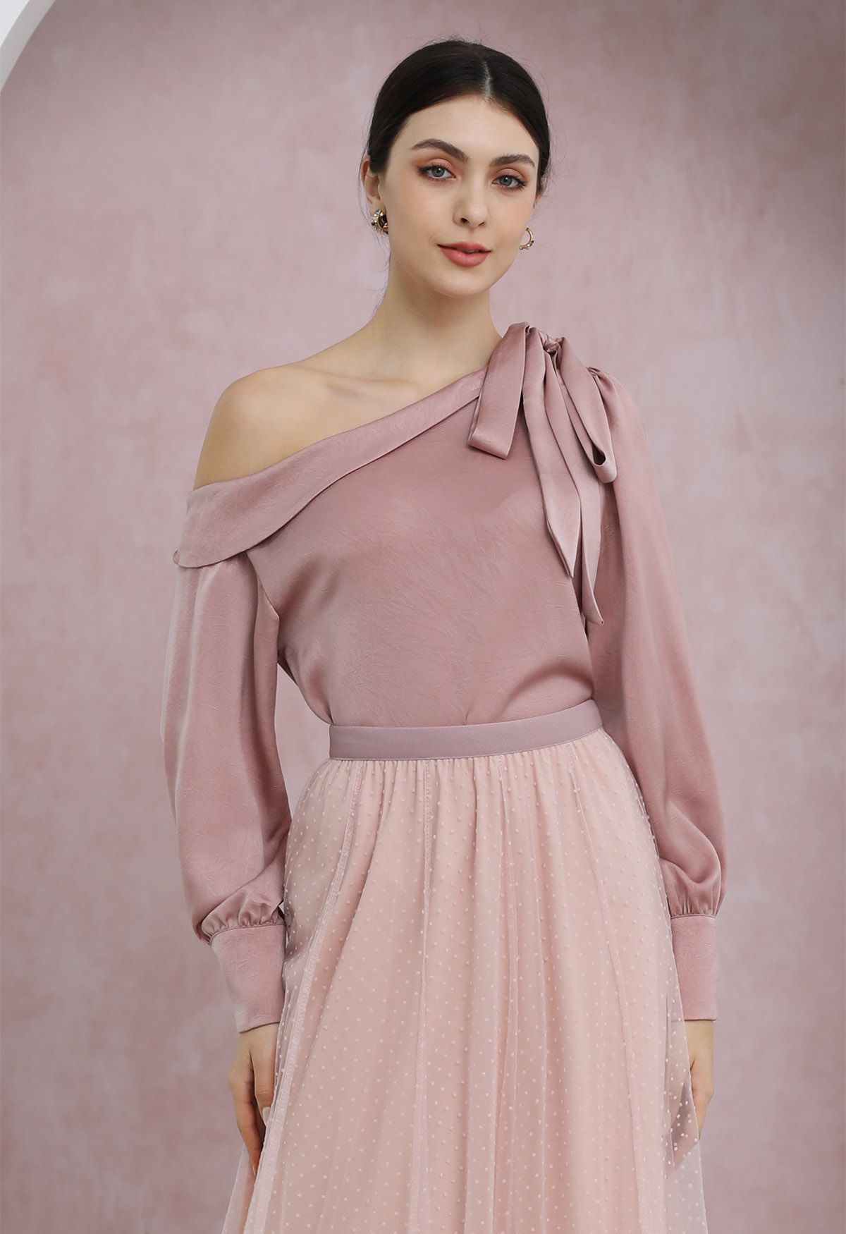 One-Shoulder Bowknot Flap Satin Top in Pink