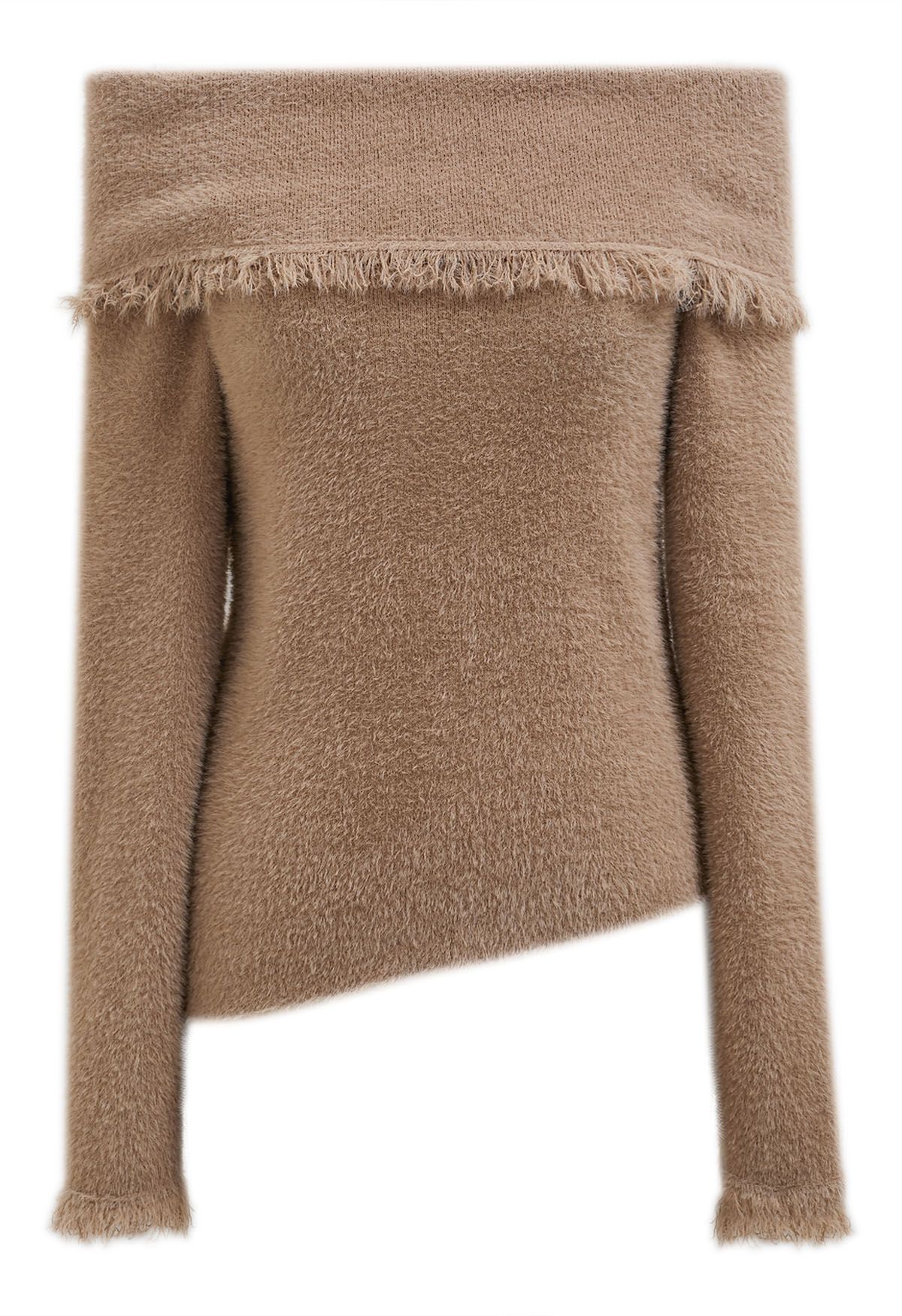 Tassel Folded Off-Shoulder Fuzzy Knit Top in Tan