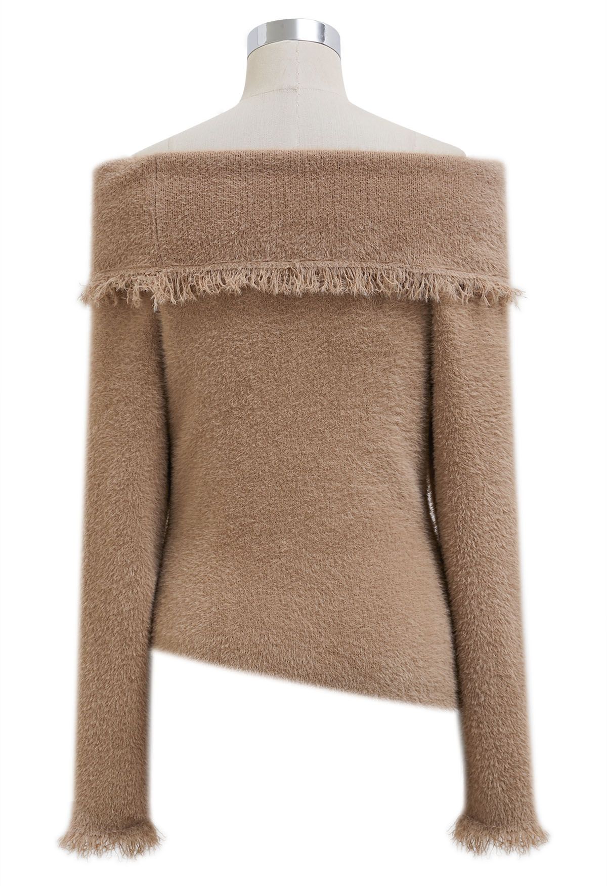 Tassel Folded Off-Shoulder Fuzzy Knit Top in Tan