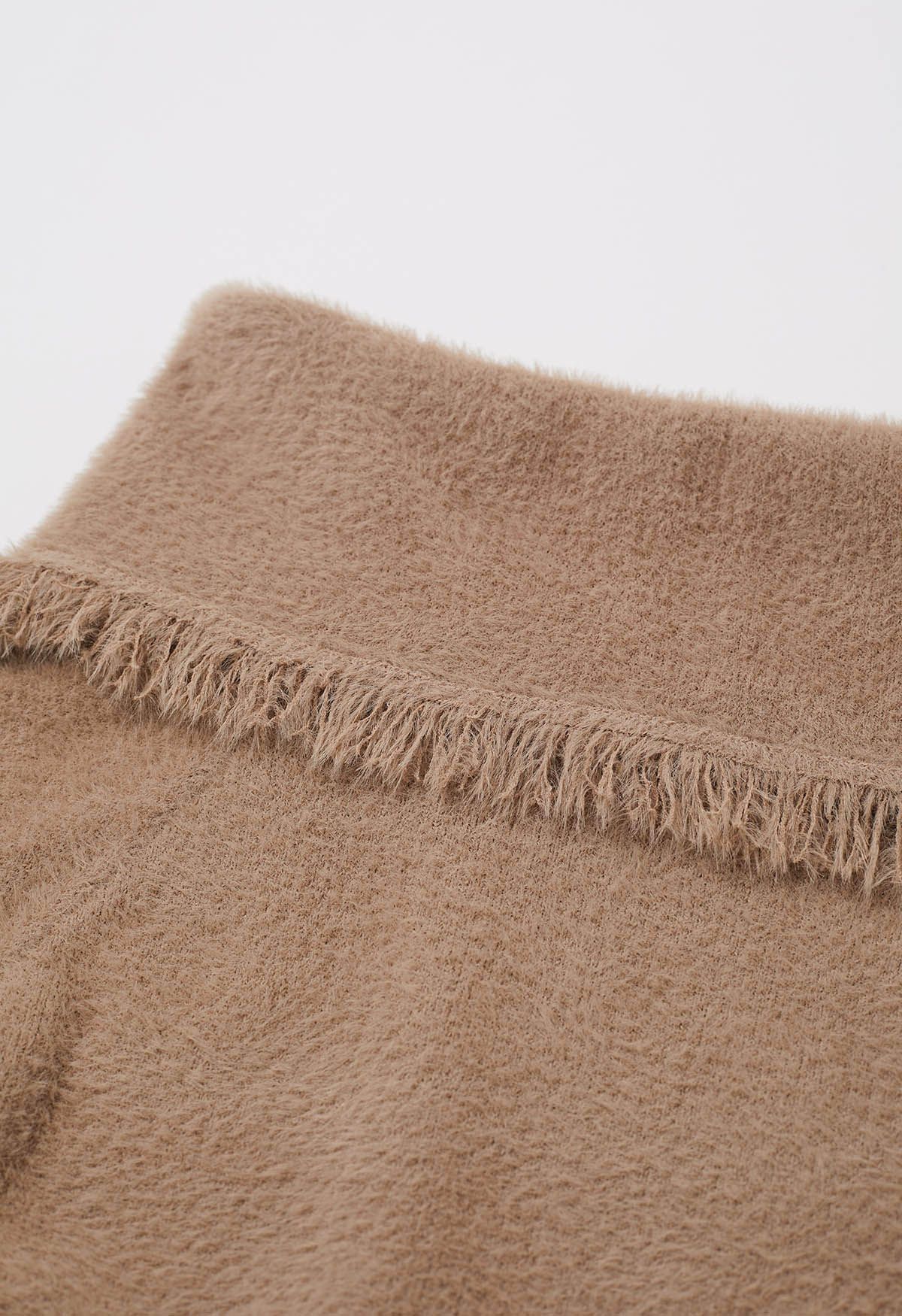 Tassel Folded Off-Shoulder Fuzzy Knit Top in Tan