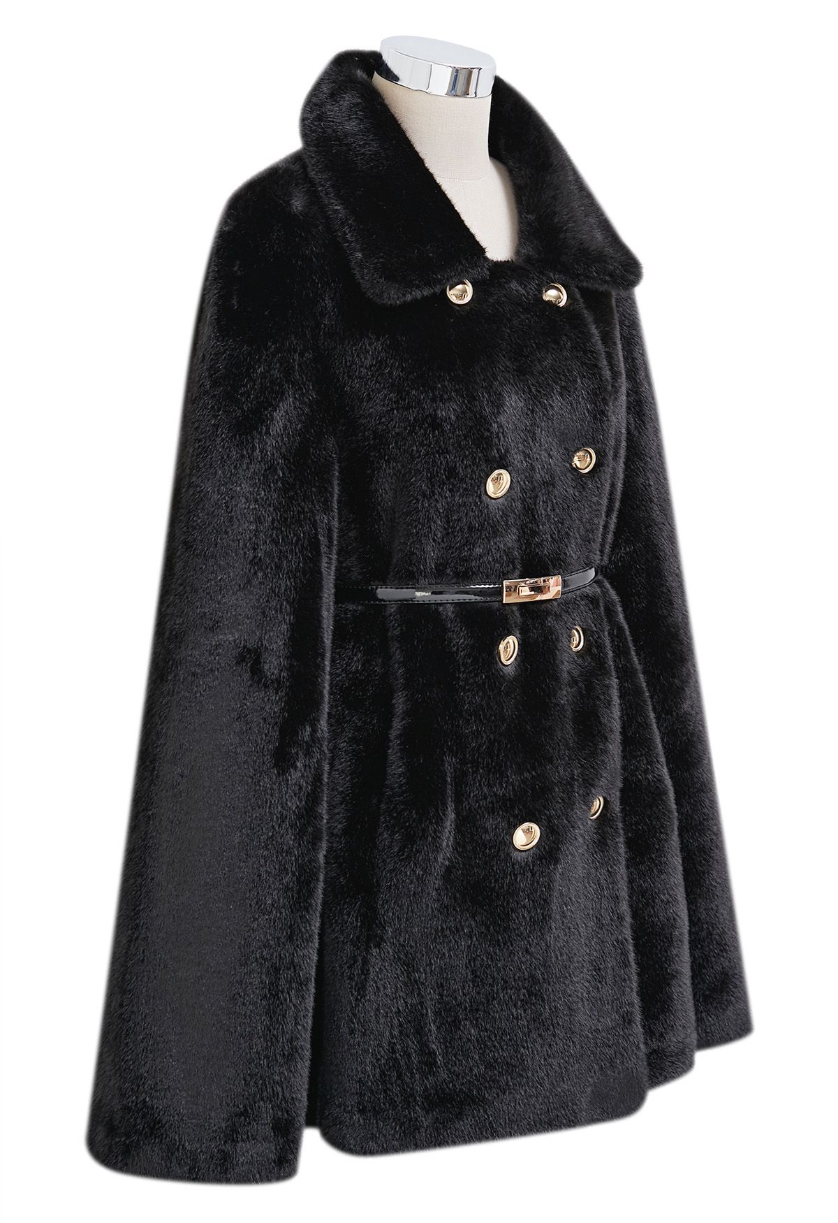 Collared Double-Breasted Faux Fur Cape Coat in Black