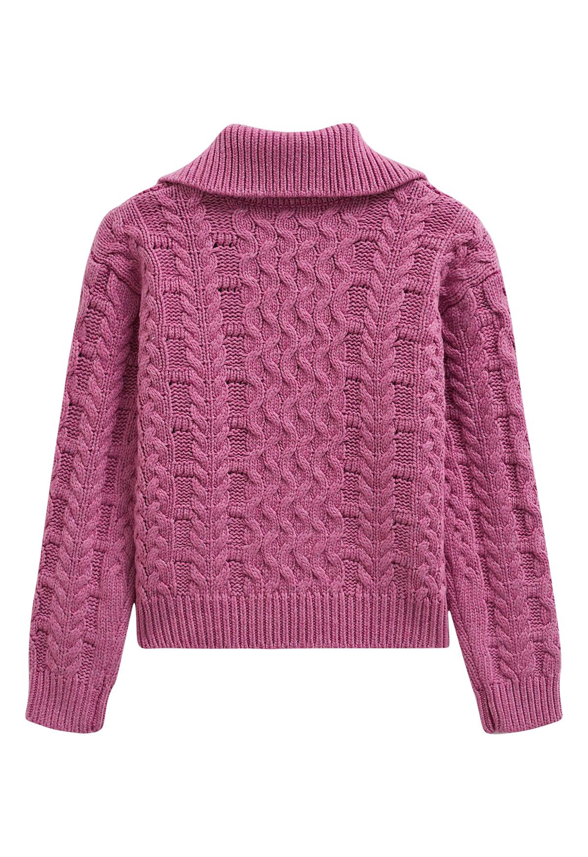 Button Neck Pom Pom Chunky Cable Knit Sweater in Violet