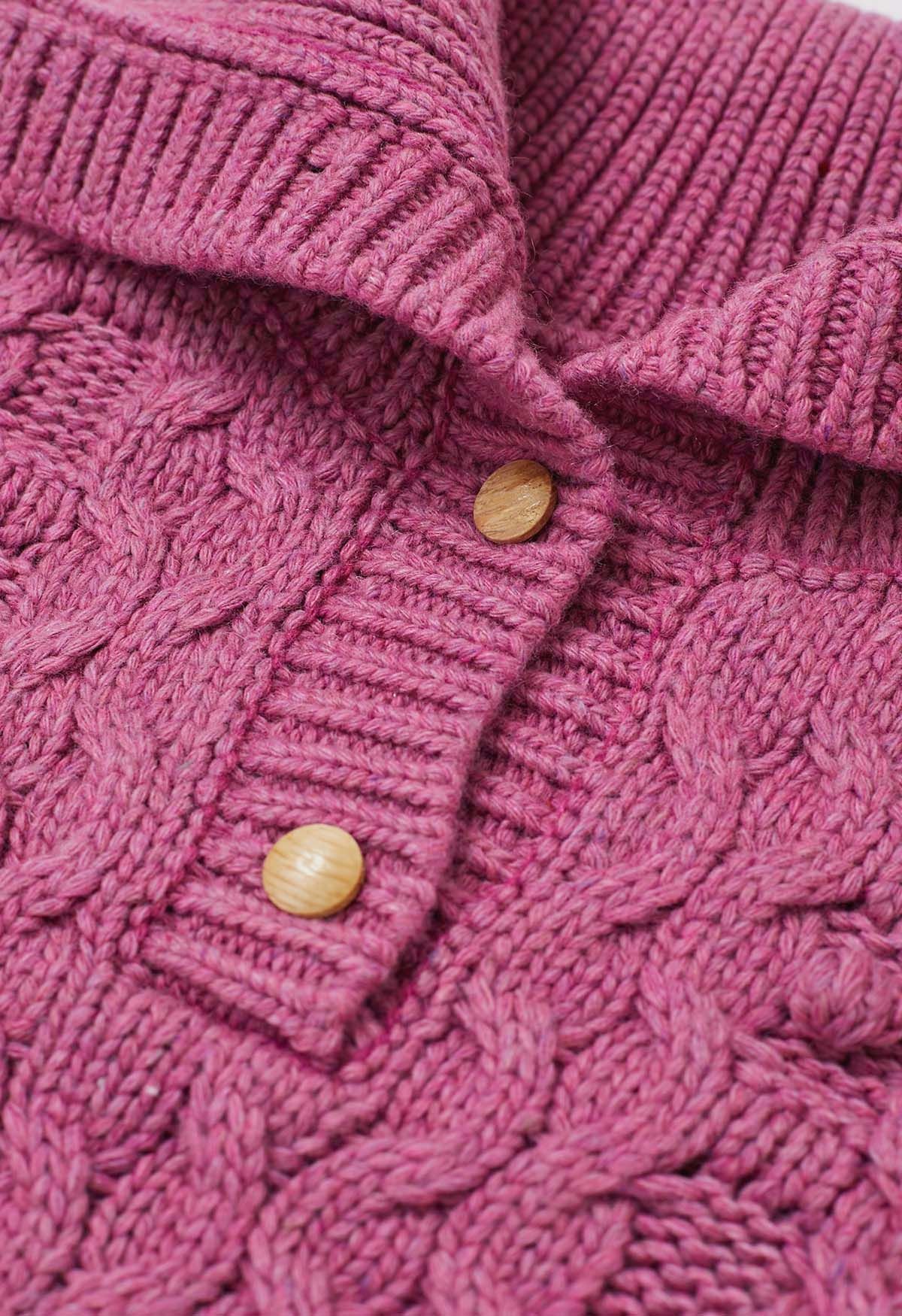 Button Neck Pom Pom Chunky Cable Knit Sweater in Violet