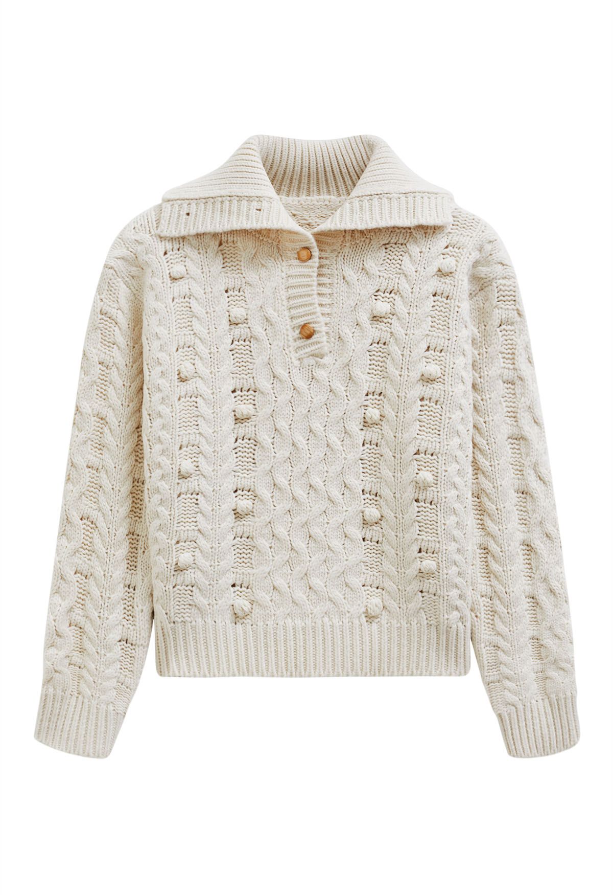 Button Neck Pom Pom Chunky Cable Knit Sweater in Ivory