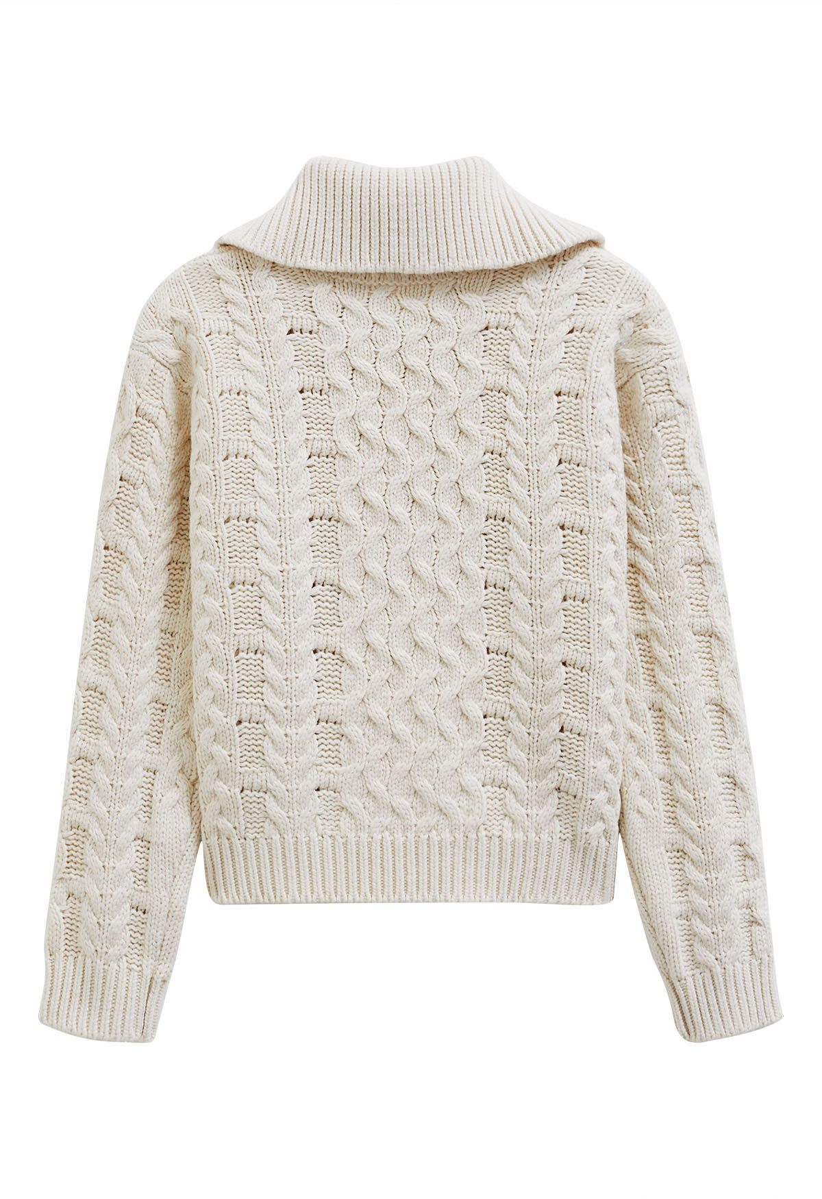 Button Neck Pom Pom Chunky Cable Knit Sweater in Ivory