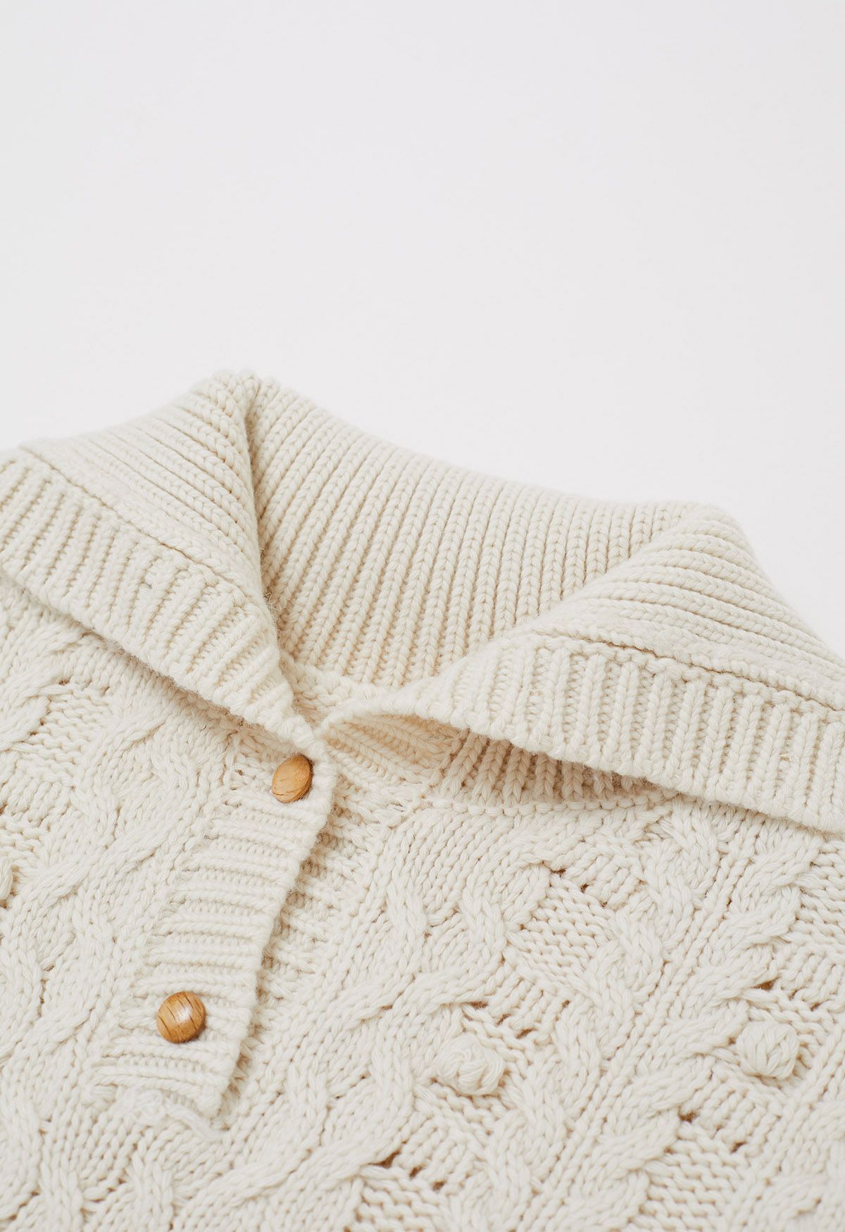 Button Neck Pom Pom Chunky Cable Knit Sweater in Ivory