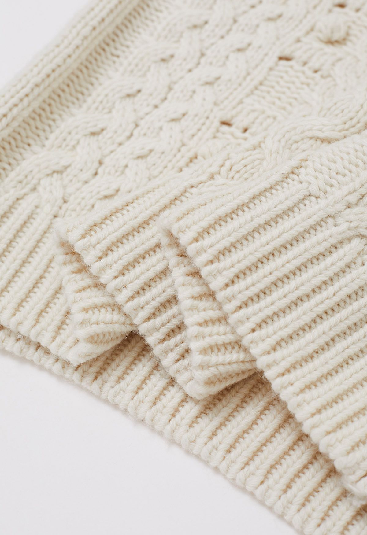 Button Neck Pom Pom Chunky Cable Knit Sweater in Ivory