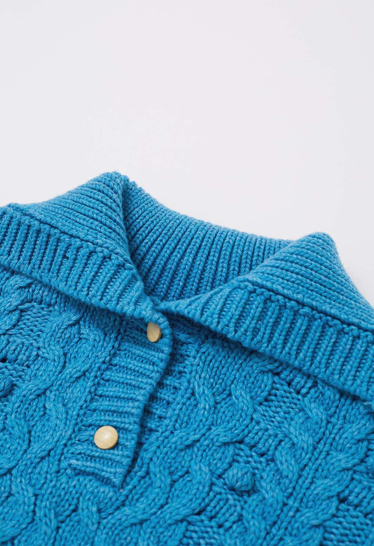 Button Neck Pom Pom Chunky Cable Knit Sweater in Blue