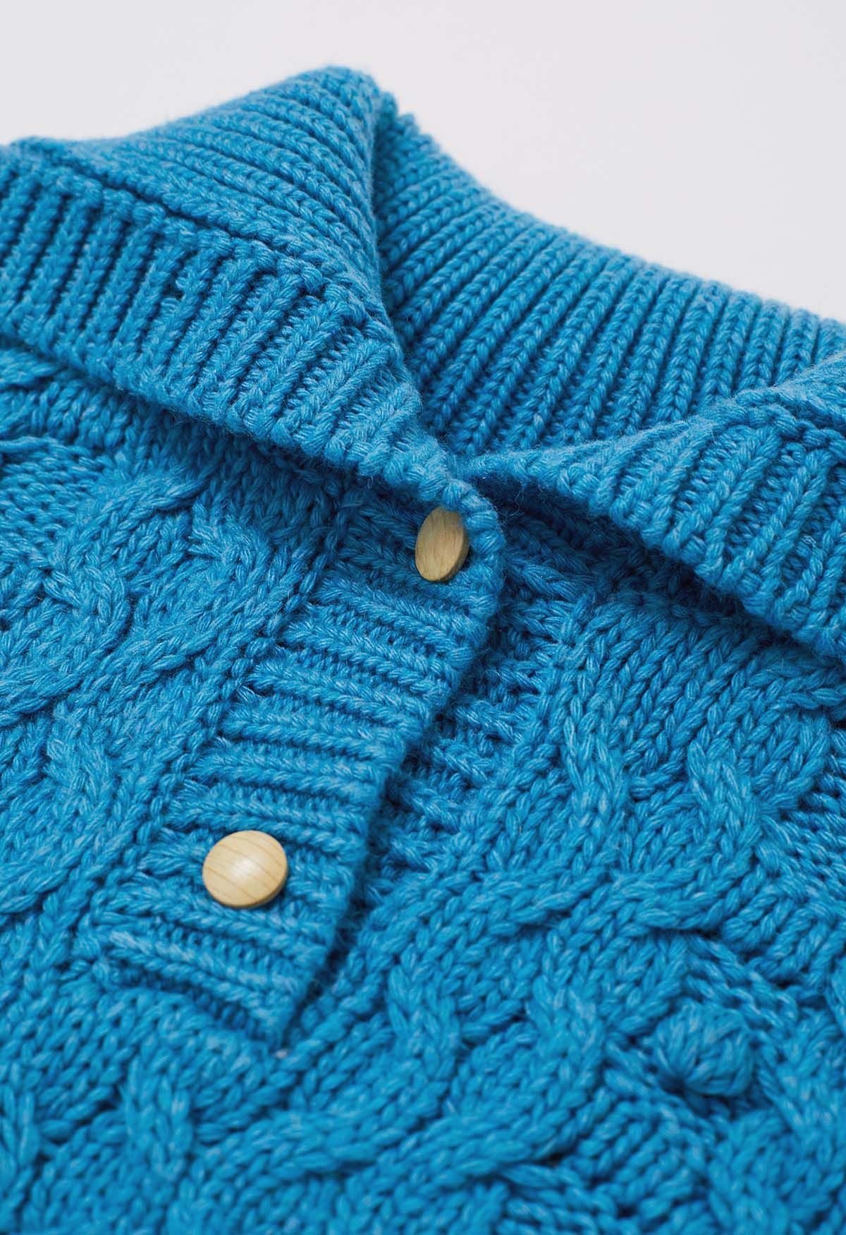 Button Neck Pom Pom Chunky Cable Knit Sweater in Blue