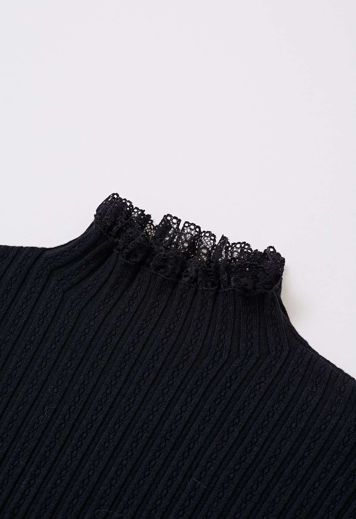 Lace Trim Mock Neck Ribbed Knit Top in Black