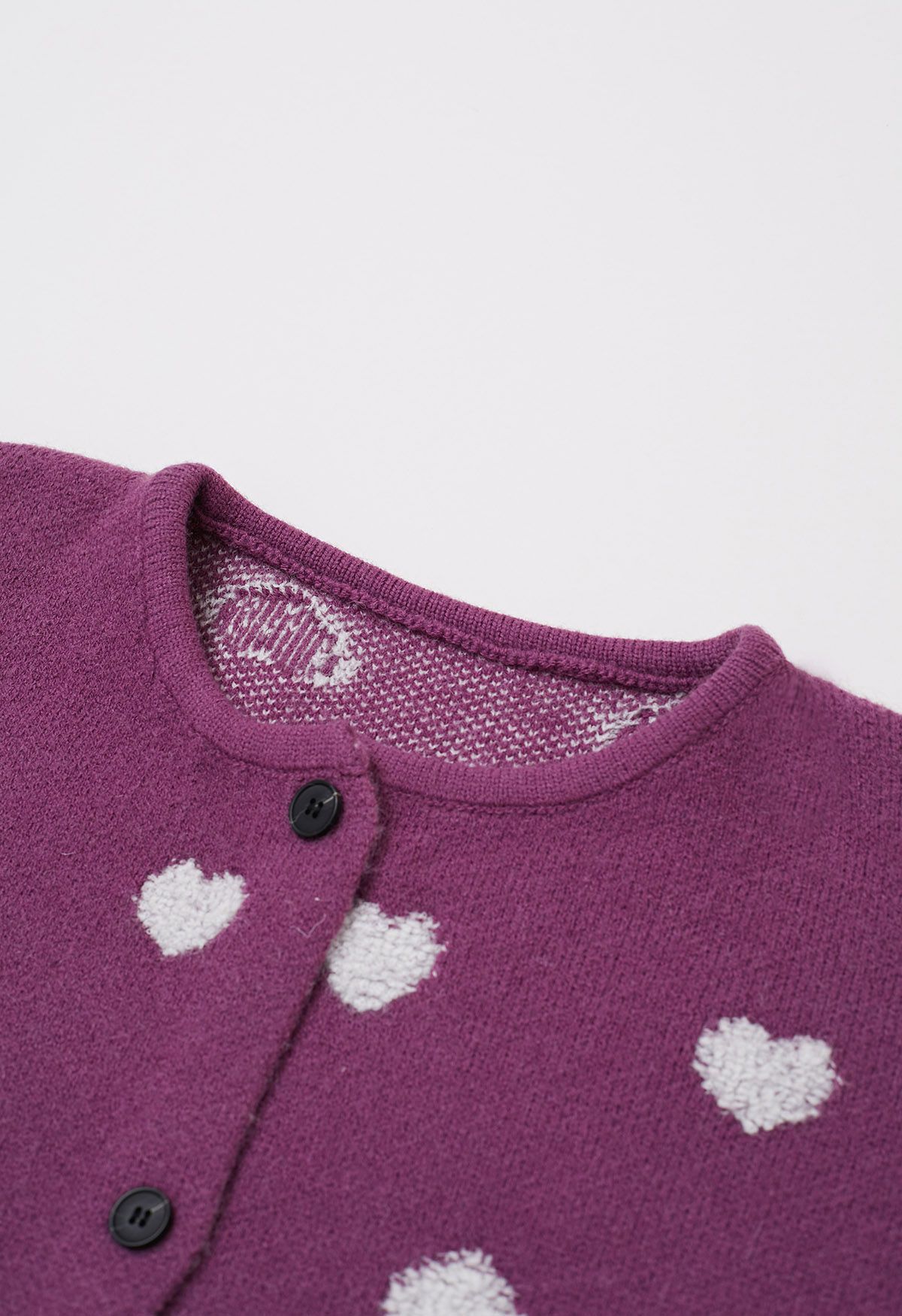 Fuzzy Heart Jacquard Knit Button Cardigan in Violet