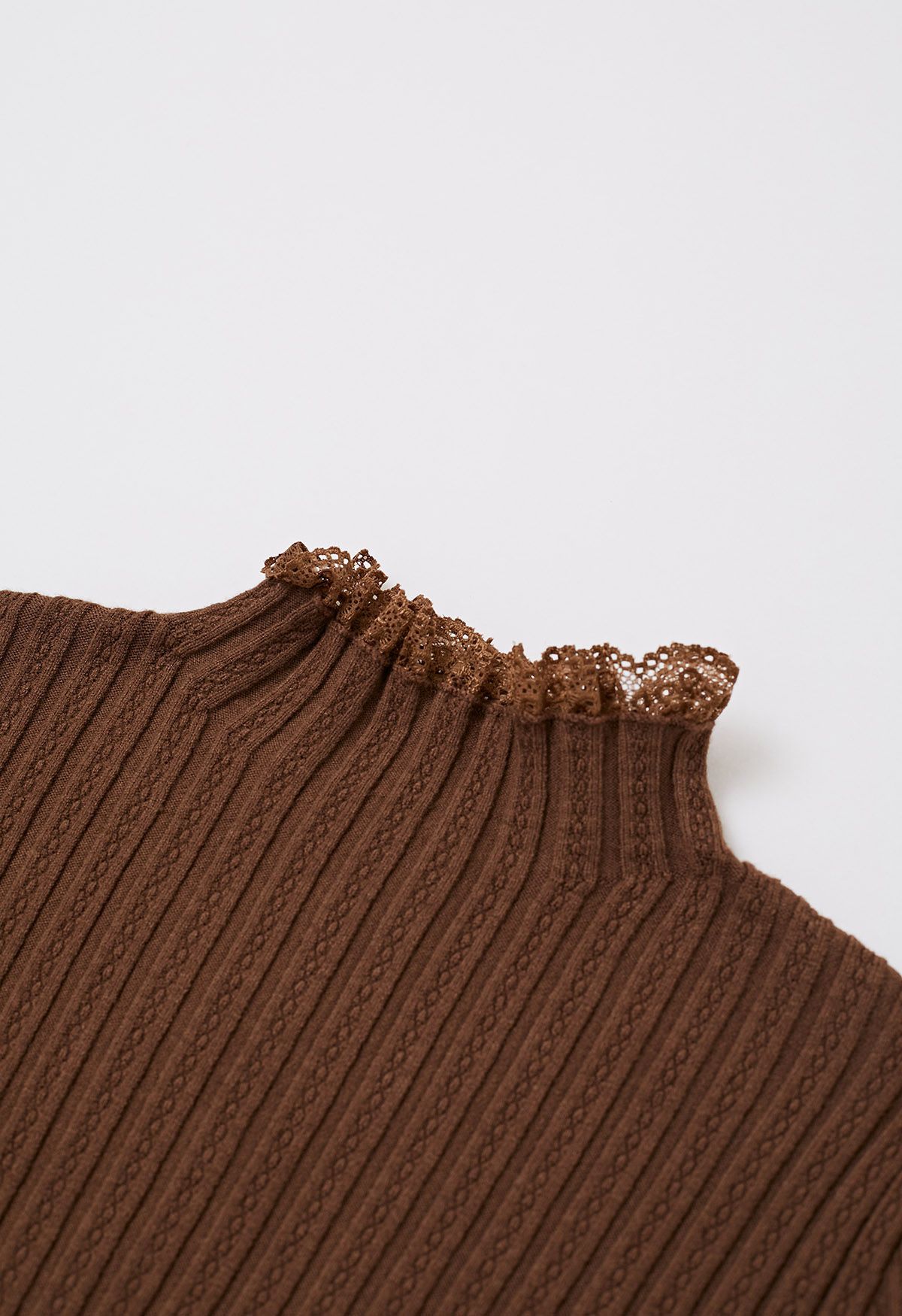 Lace Trim Mock Neck Ribbed Knit Top in Brown