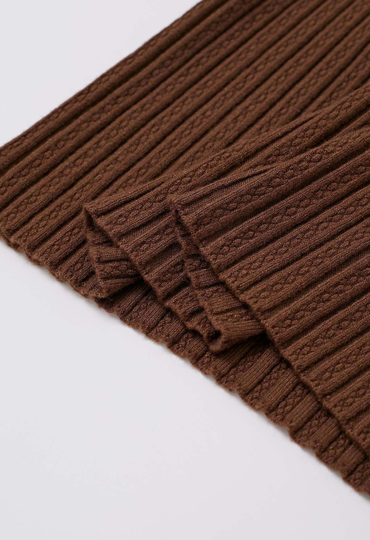 Lace Trim Mock Neck Ribbed Knit Top in Brown