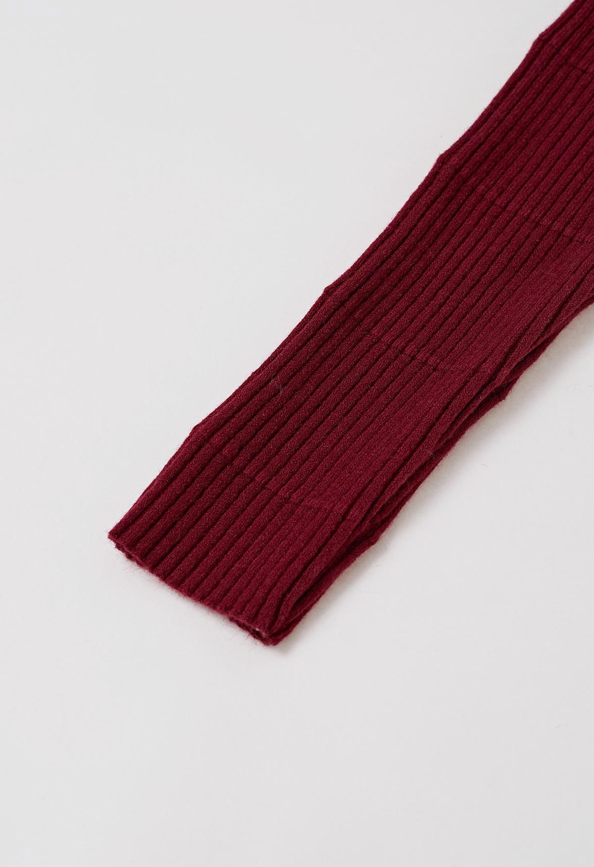 Softness Turtleneck Ribbed Texture Knit Top in Burgundy