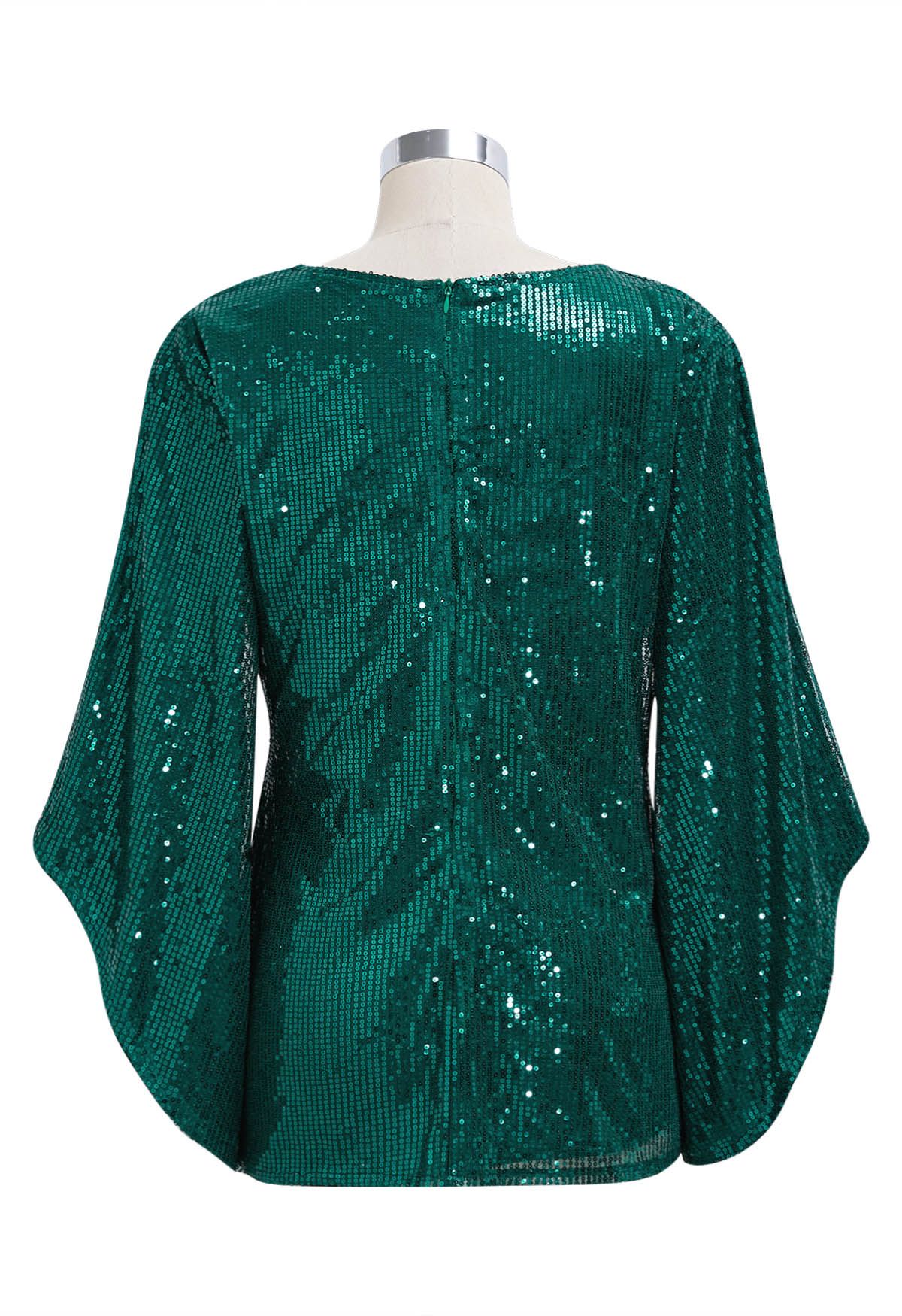 Stunning Sequin Split Sleeves V-Neck Mesh Top