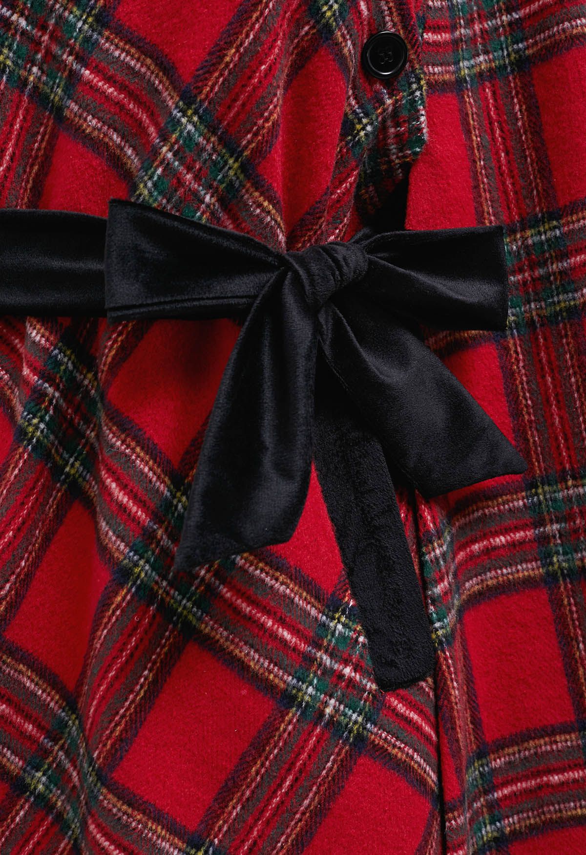 Button Wrap Tie Sash Tartan Cape Coat in Red