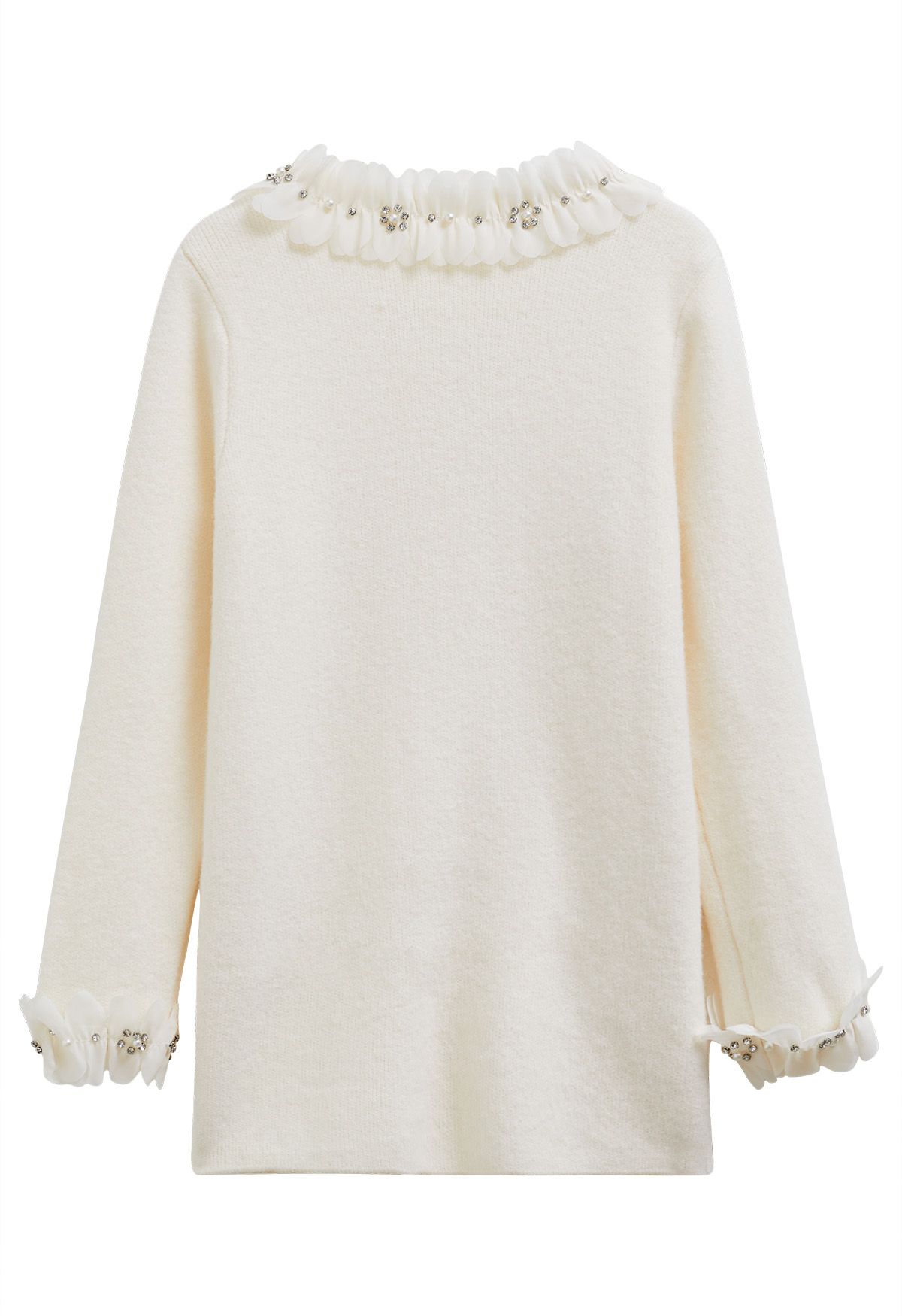 3D Petal Neckline Patch Pocket Knit Cardigan in Cream