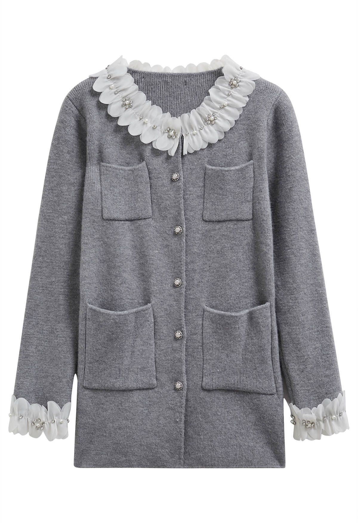 3D Petal Neckline Patch Pocket Knit Cardigan in Grey