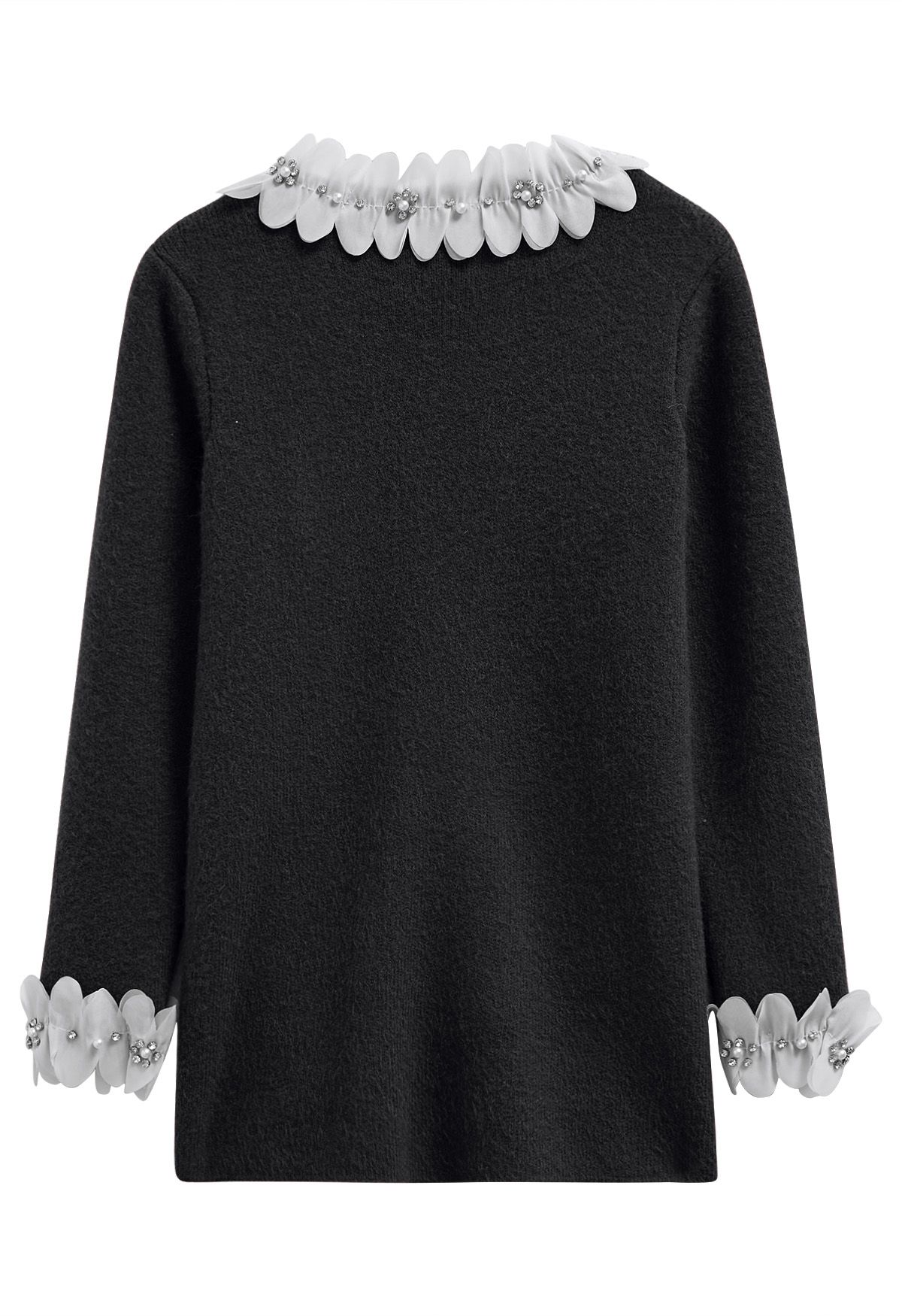 3D Petal Neckline Patch Pocket Knit Cardigan in Black