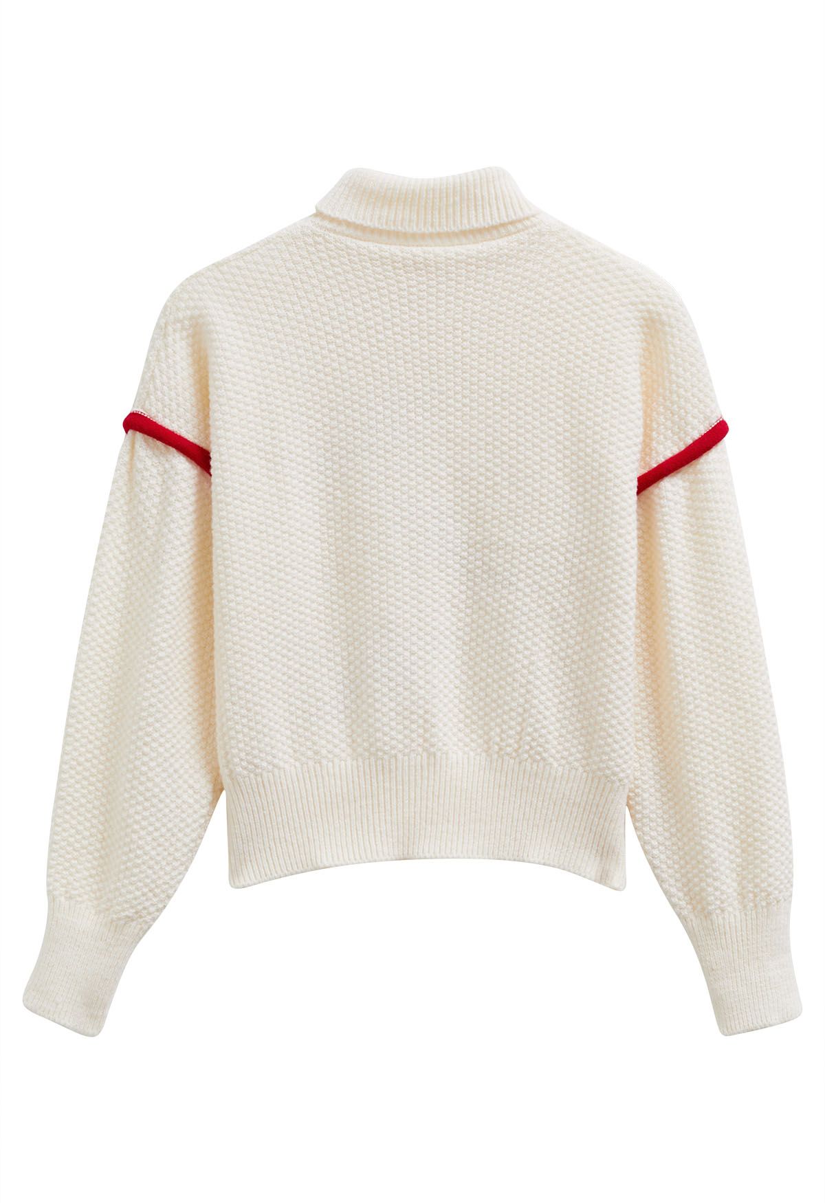 Playful Snowman Embroidery Turtleneck Waffle Knit Sweater