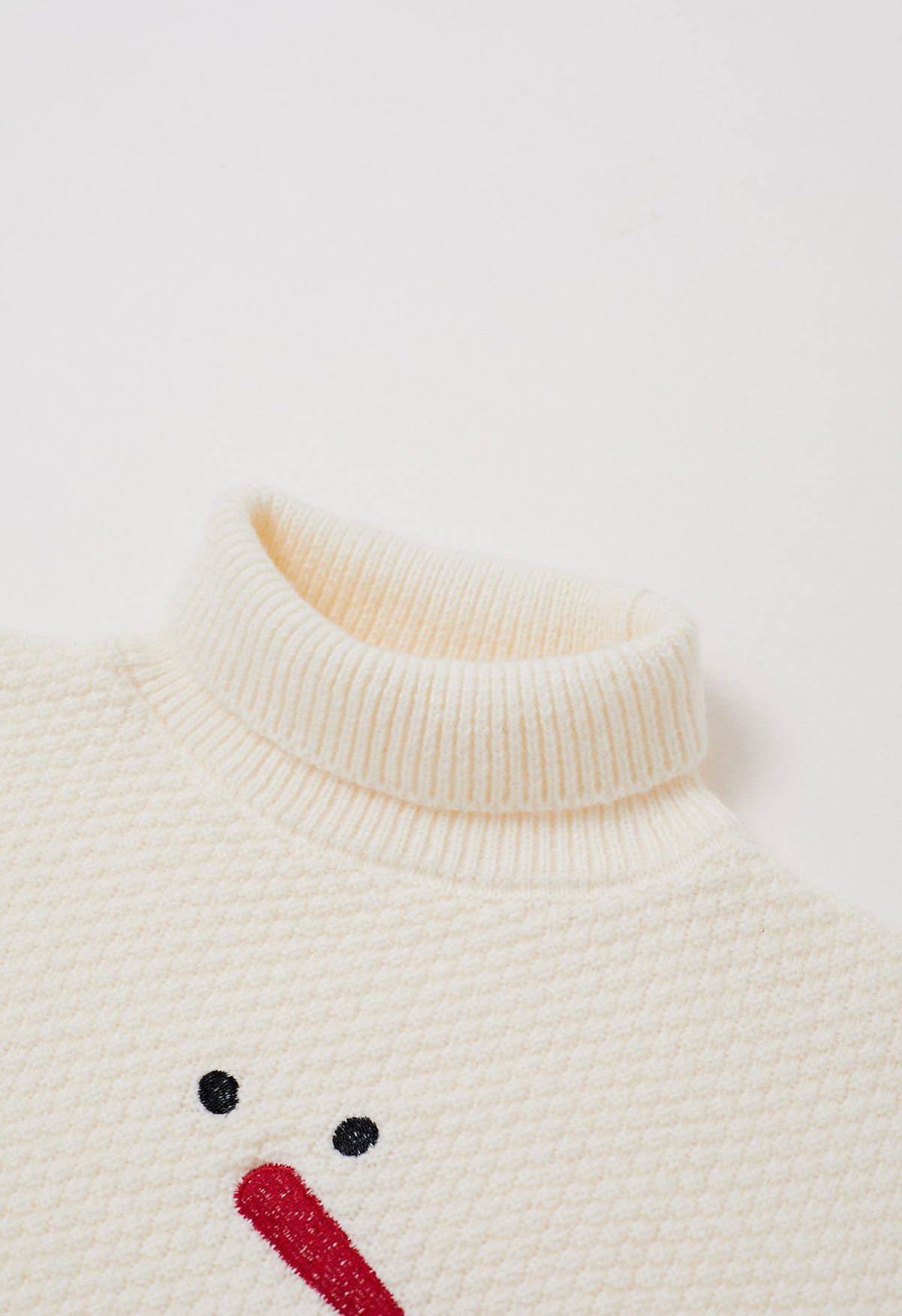 Playful Snowman Embroidery Turtleneck Waffle Knit Sweater