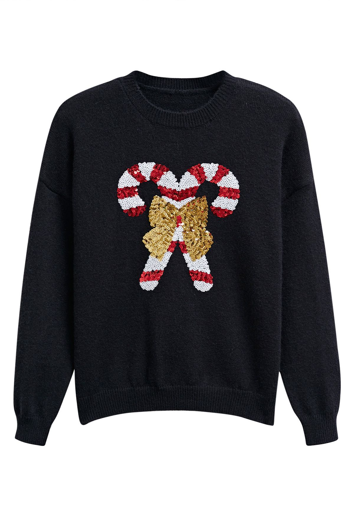 Sequin Bowknot Candy Cane Knit Sweater in Black