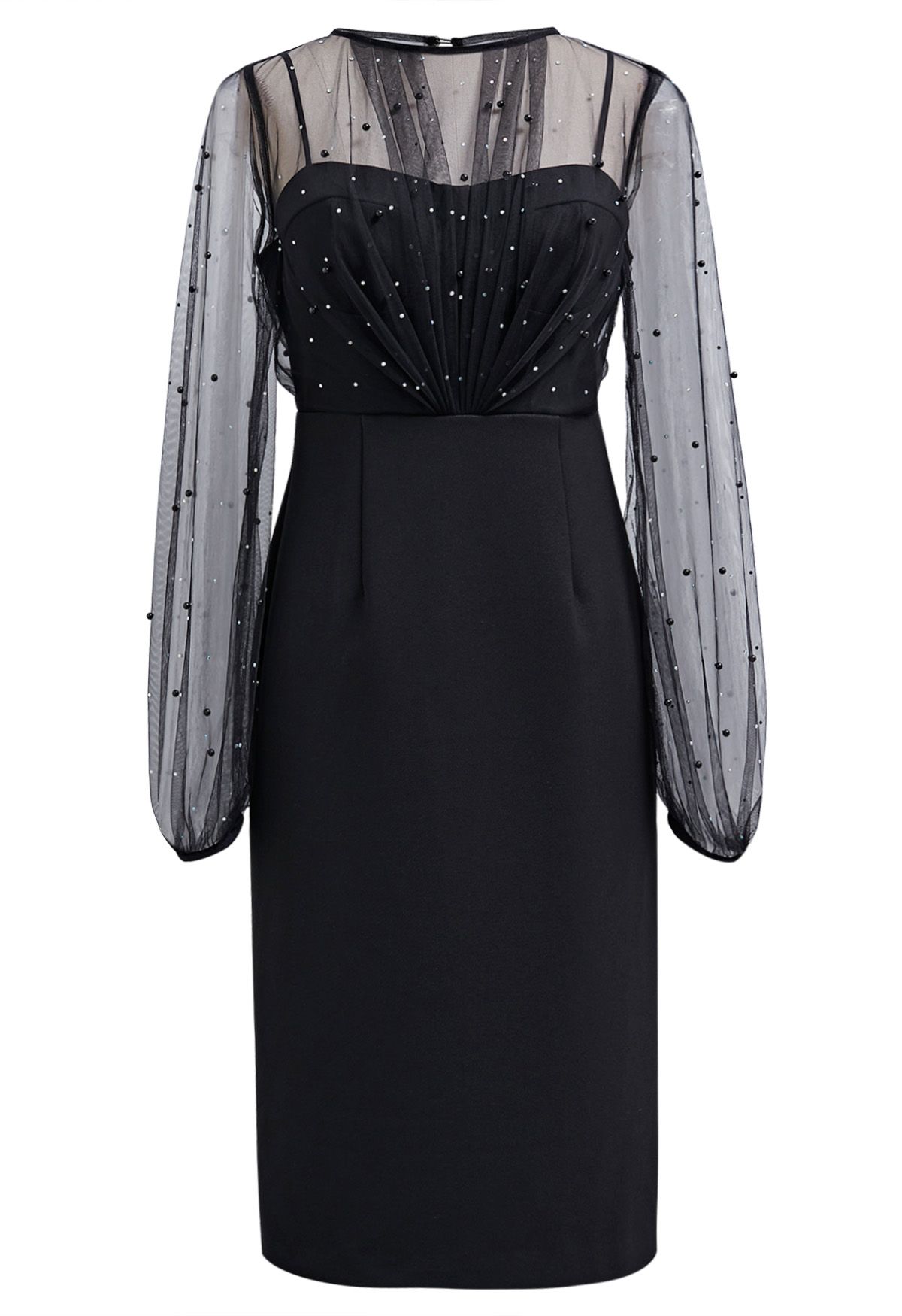 Glamorous Pearl Decor Mesh Spliced Midi Dress in Black