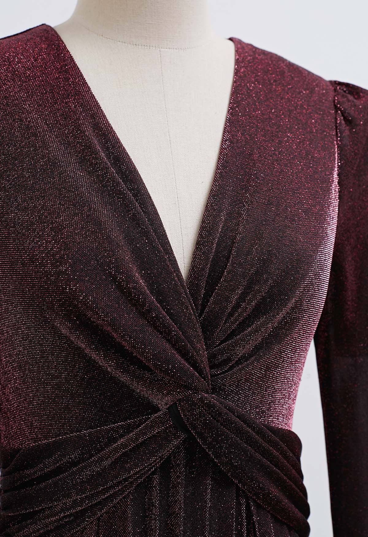 Glistening Twisted Front Pleated Maxi Dress in Burgundy