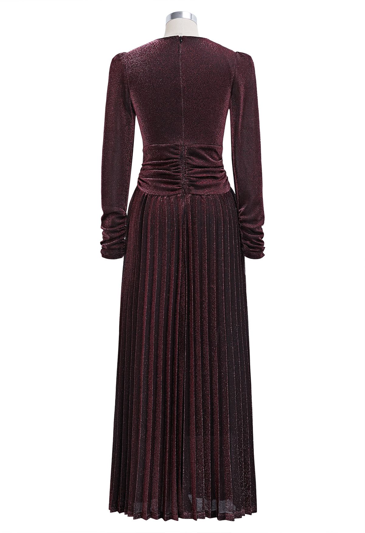 Glistening Twisted Front Pleated Maxi Dress in Burgundy