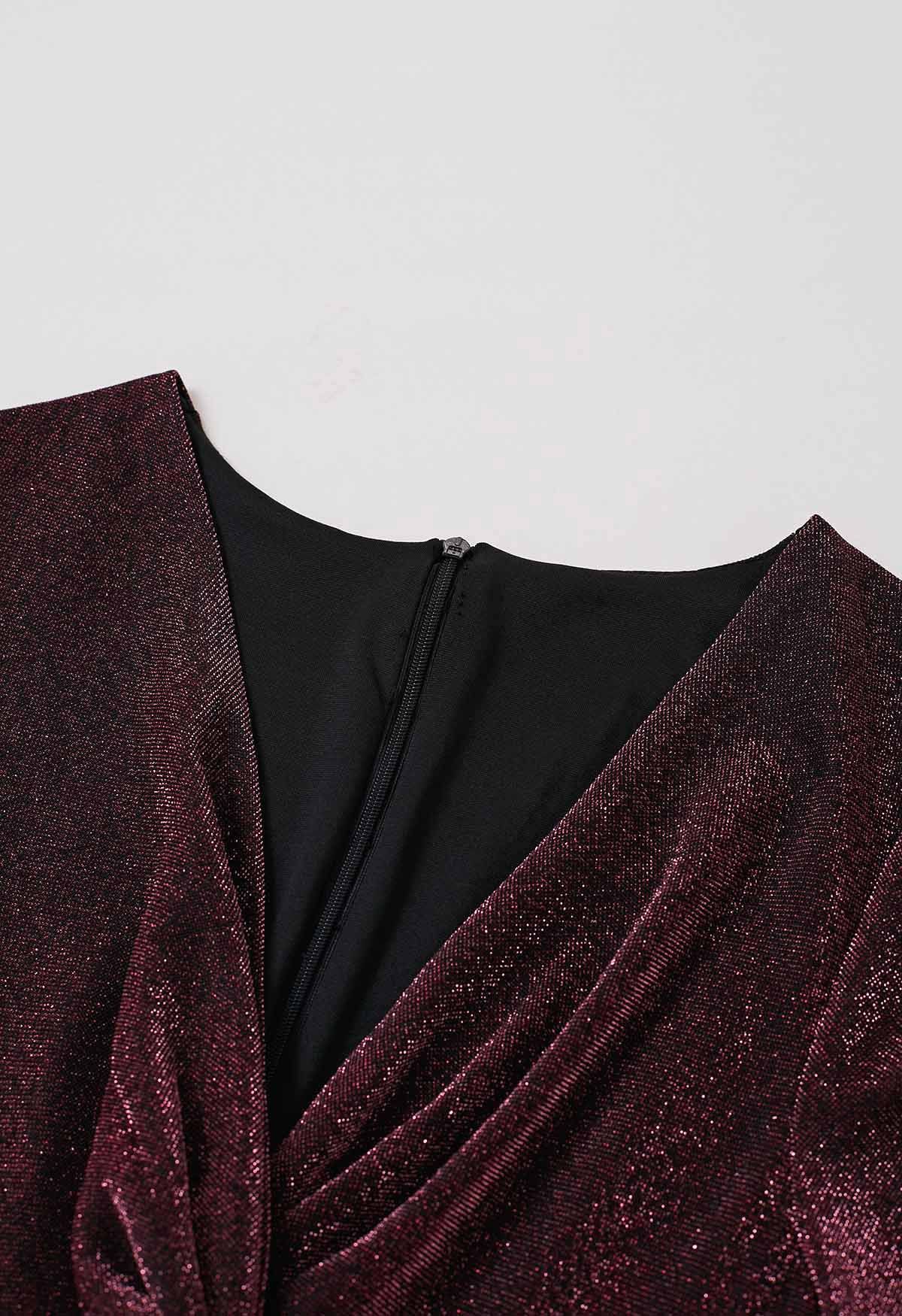 Glistening Twisted Front Pleated Maxi Dress in Burgundy