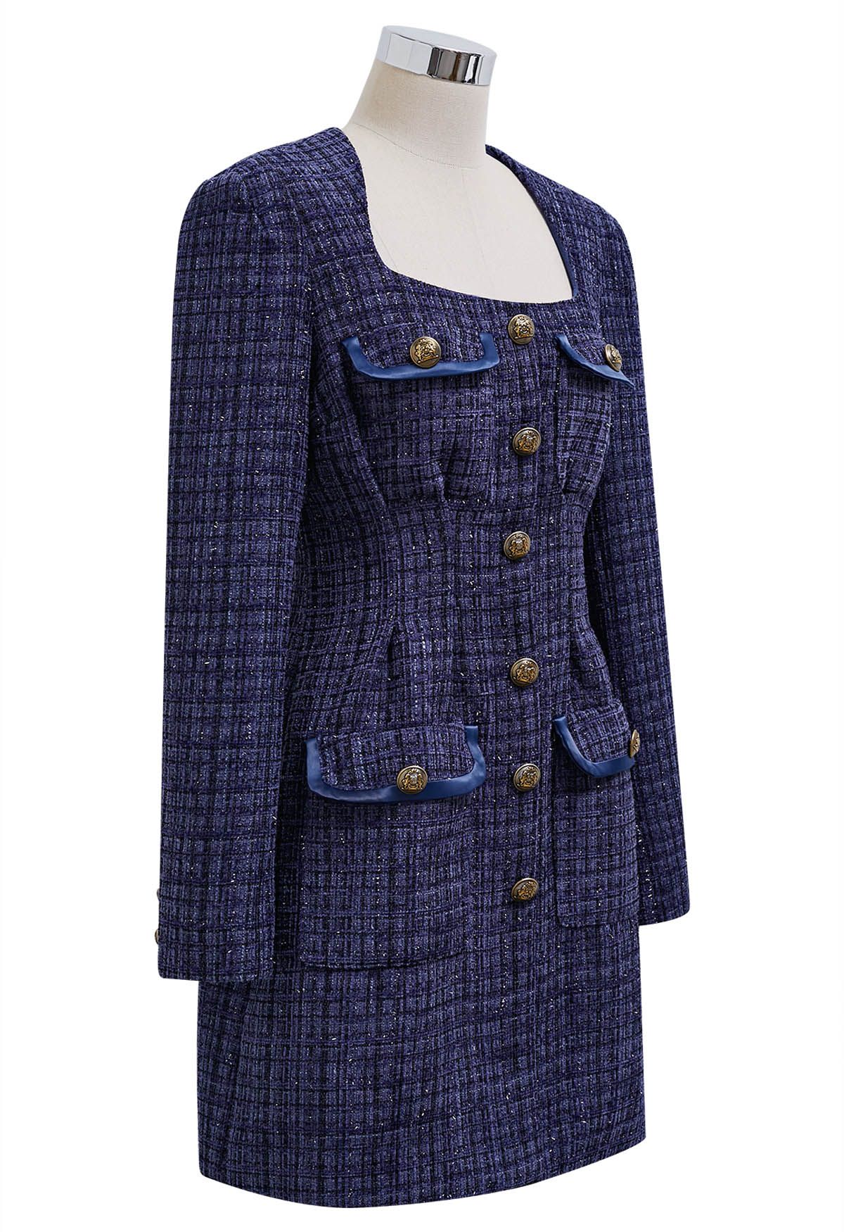 Polished Button Flap Pocket Tweed Mini Dress