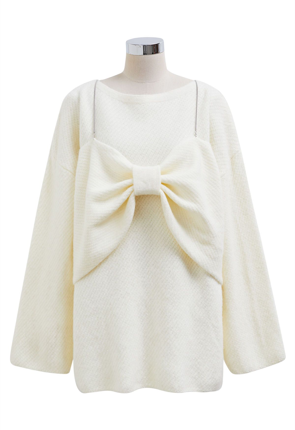 Bowknot 2 Pieces Metallic Mix Knit Sweater Dress in Cream