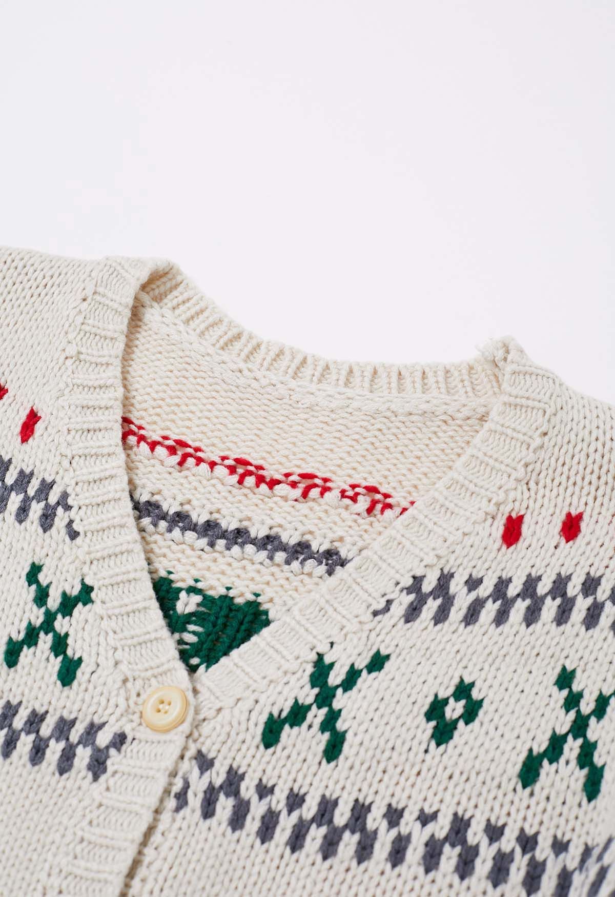 Cozy Fair Isle Button Down Knit Cardigan in Ivory