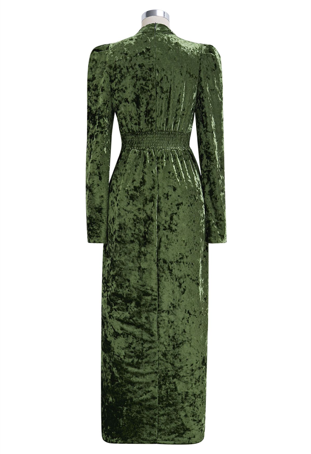 Choker Neck Button Ruched Velvet Midi Dress in Green