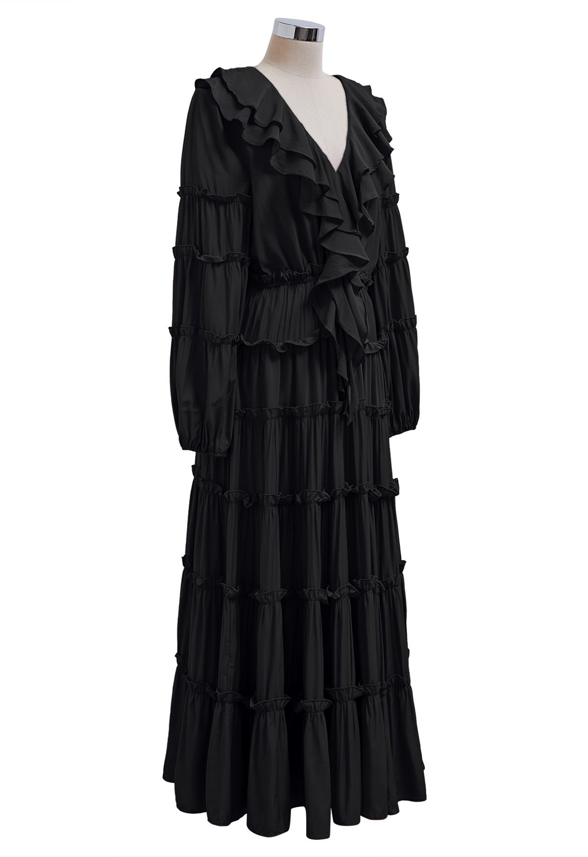 Dramatic Tiered Ruffles V-Neck Maxi Dress in Black