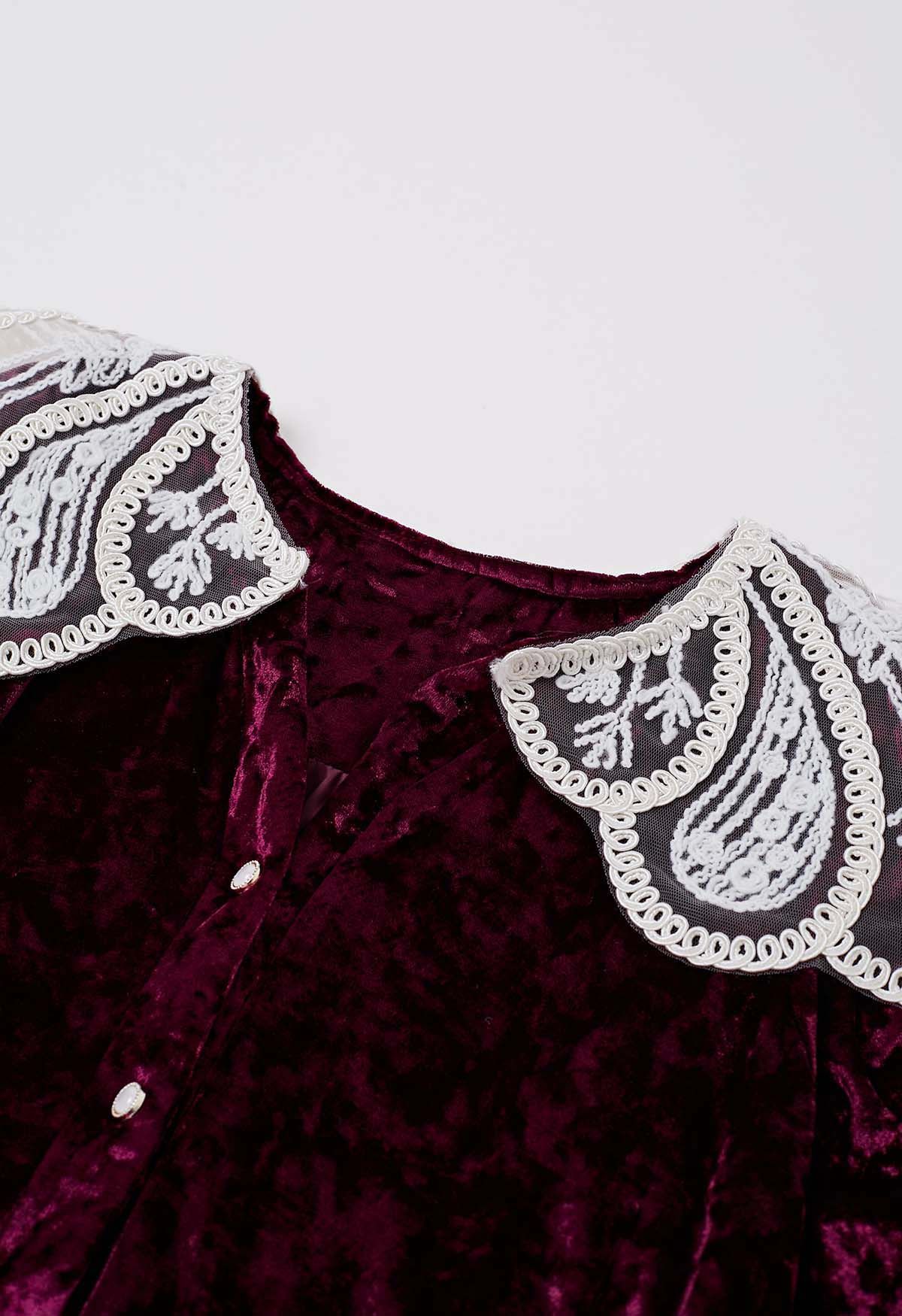 Lace Doll Collar Velvet Midi Dress in Burgundy