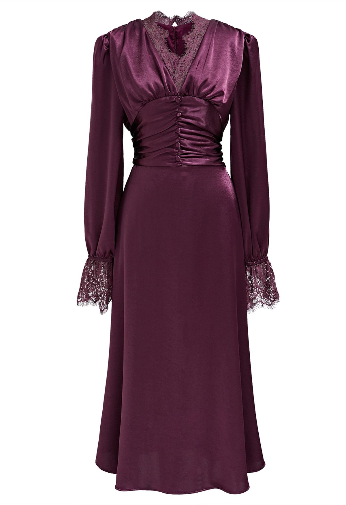 Lace Trim Ruched High Waist Satin Midi Dress in Plum