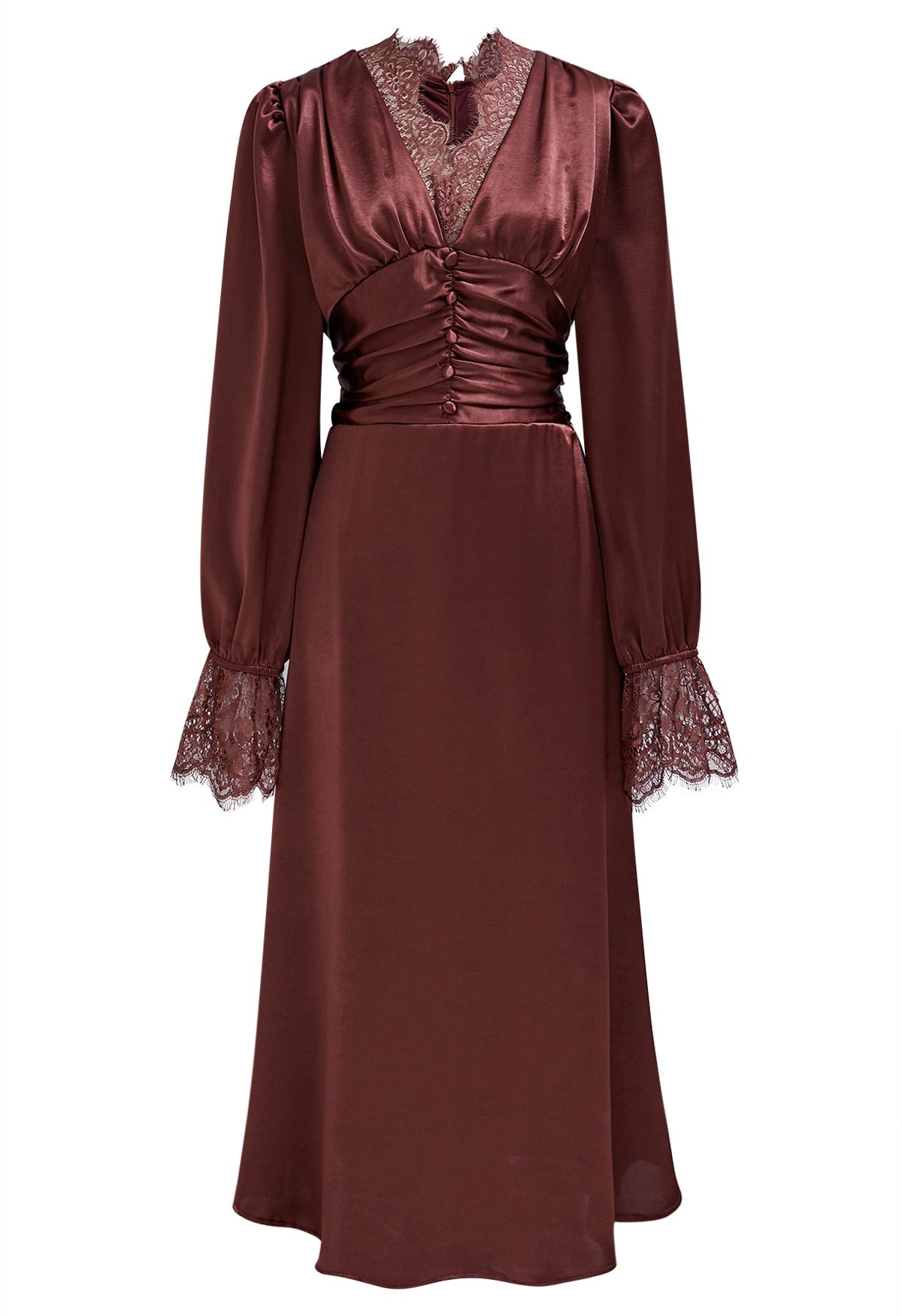 Lace Trim Ruched High Waist Satin Midi Dress in Burgundy