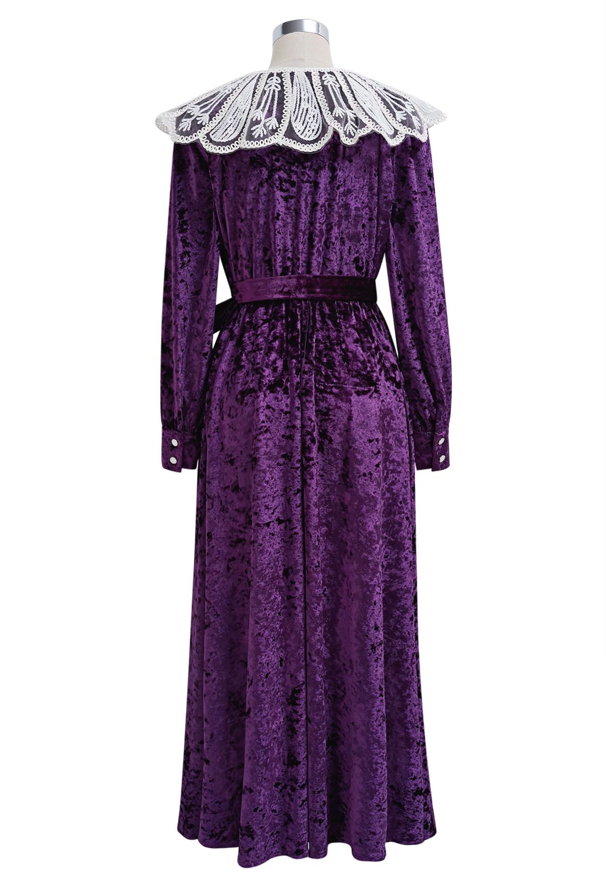 Lace Doll Collar Velvet Midi Dress in Purple