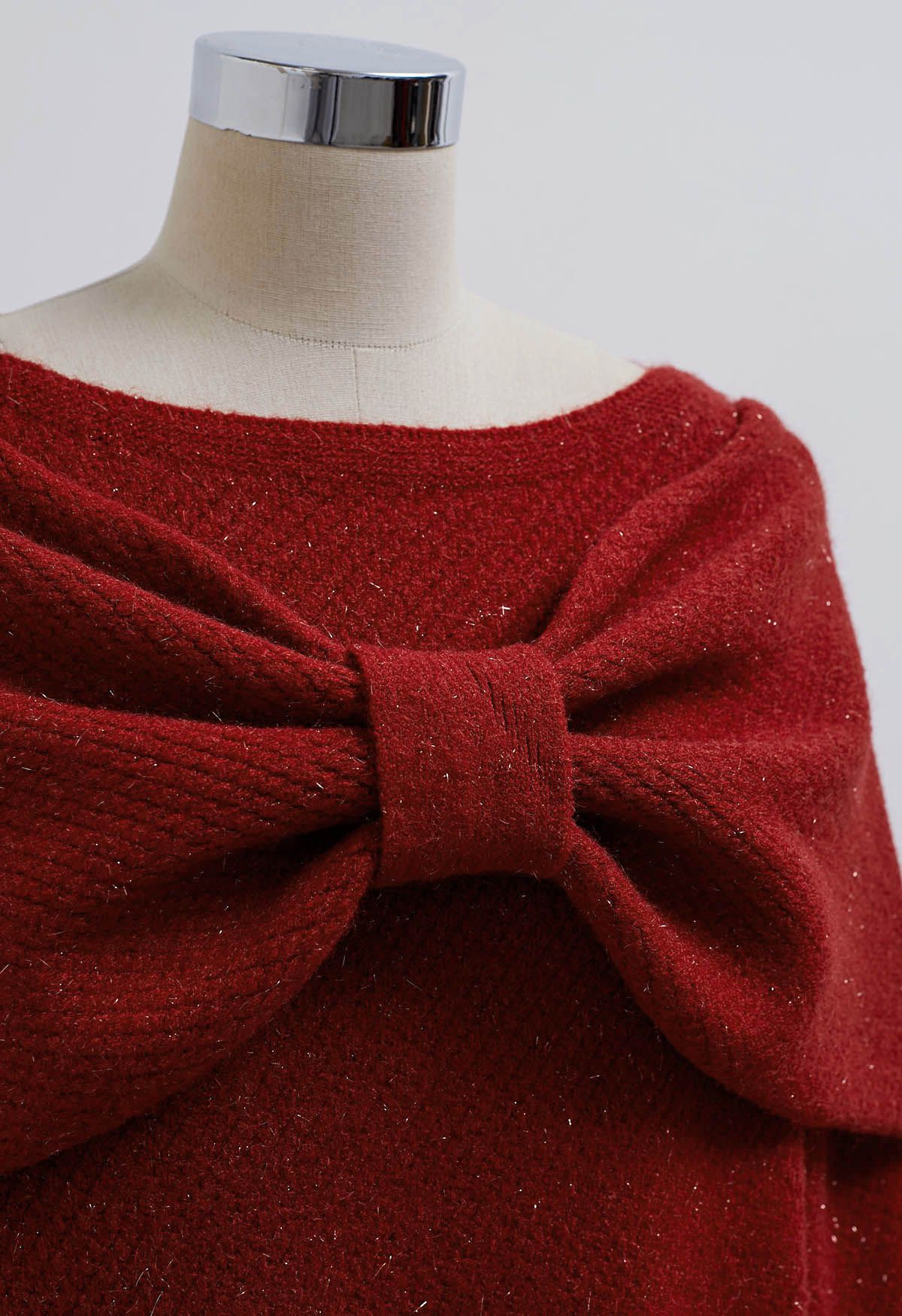 Bowknot 2 Pieces Metallic Mix Knit Sweater Dress in Red