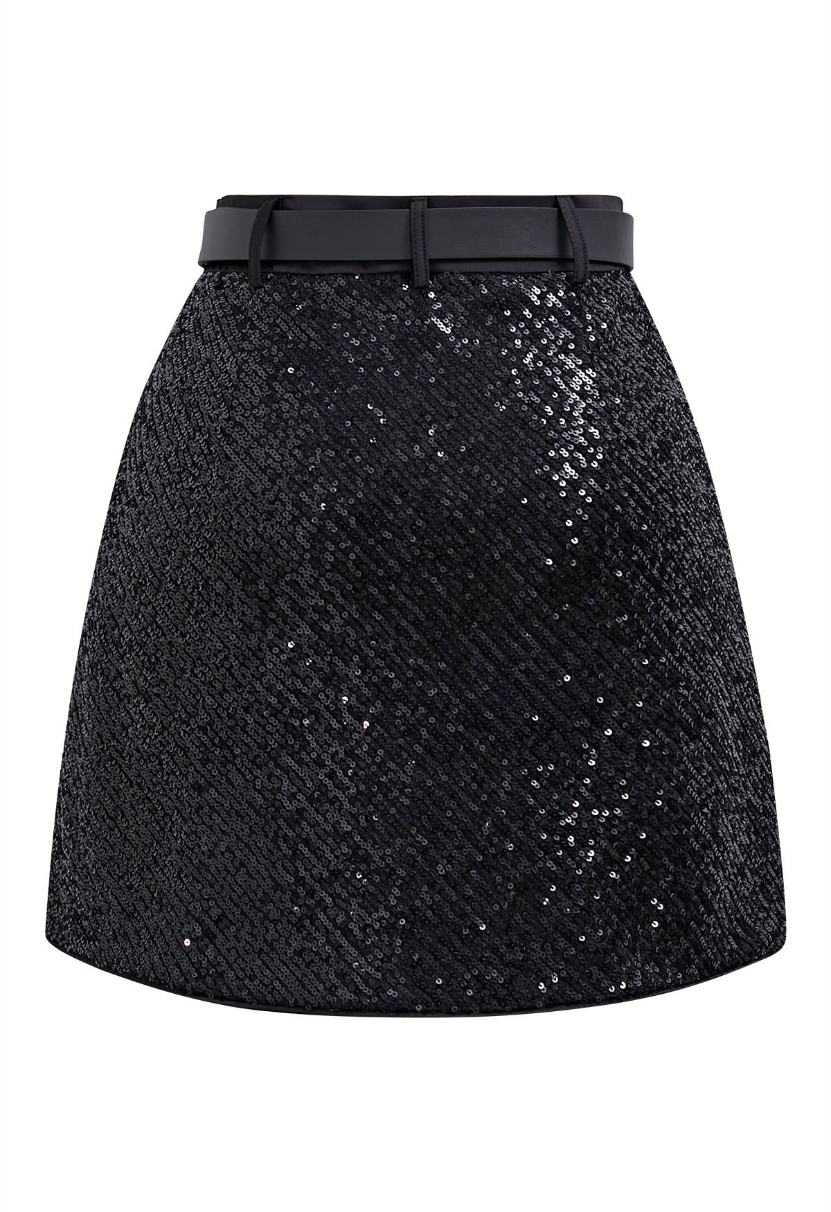 Sparkling Sequin Belted Mini Bud Skirt in Black