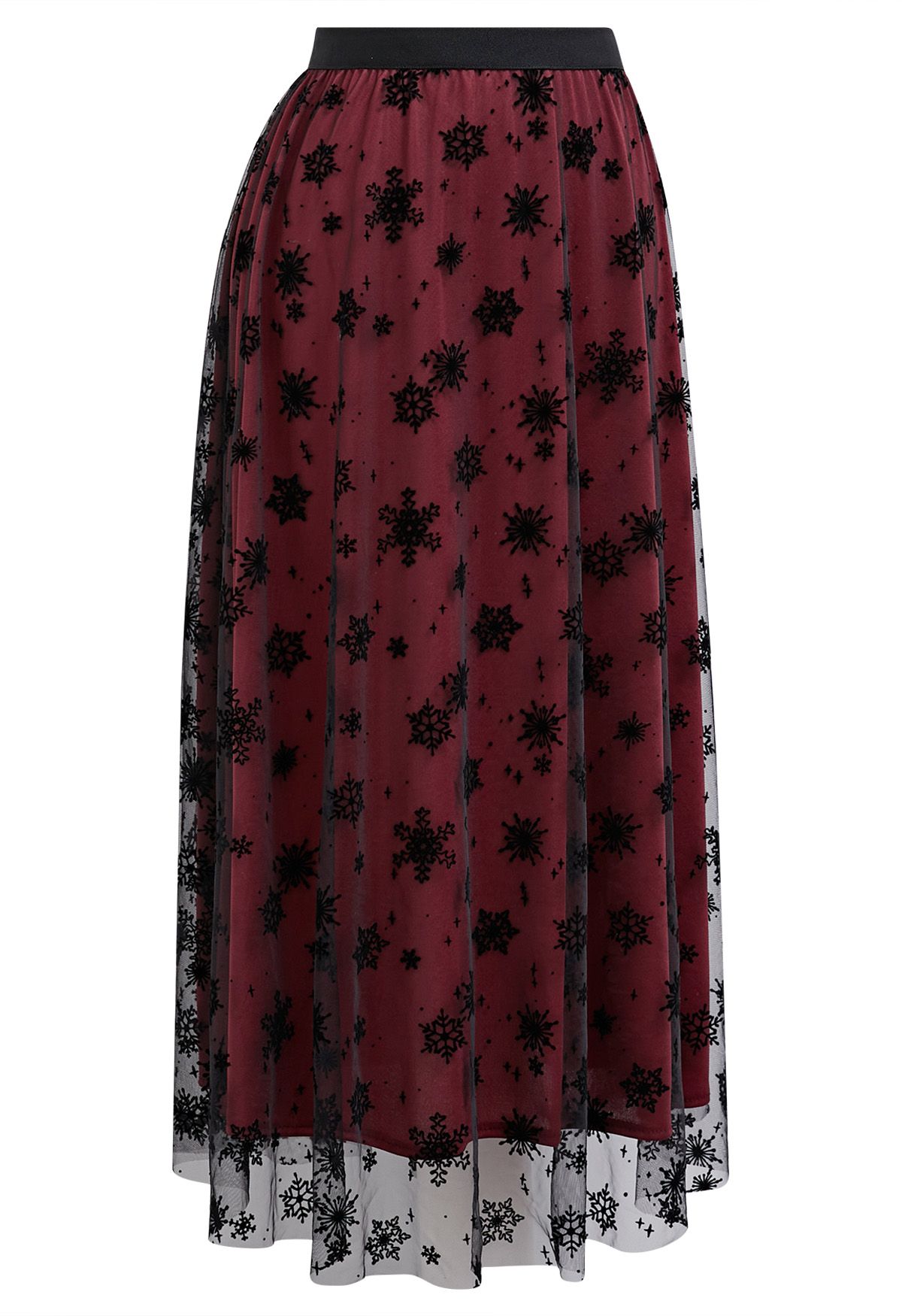 Falling Snowflake Mesh Tulle Midi Skirt in Burgundy