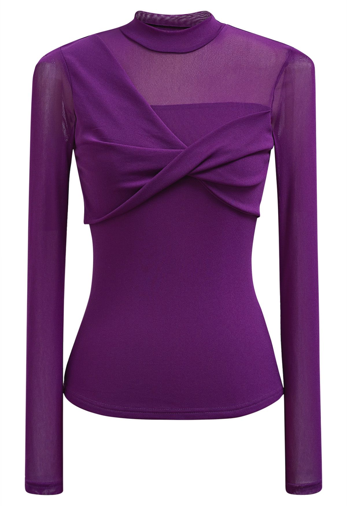 Twist Front Double-Layered Mesh Mock Neck Top in Purple