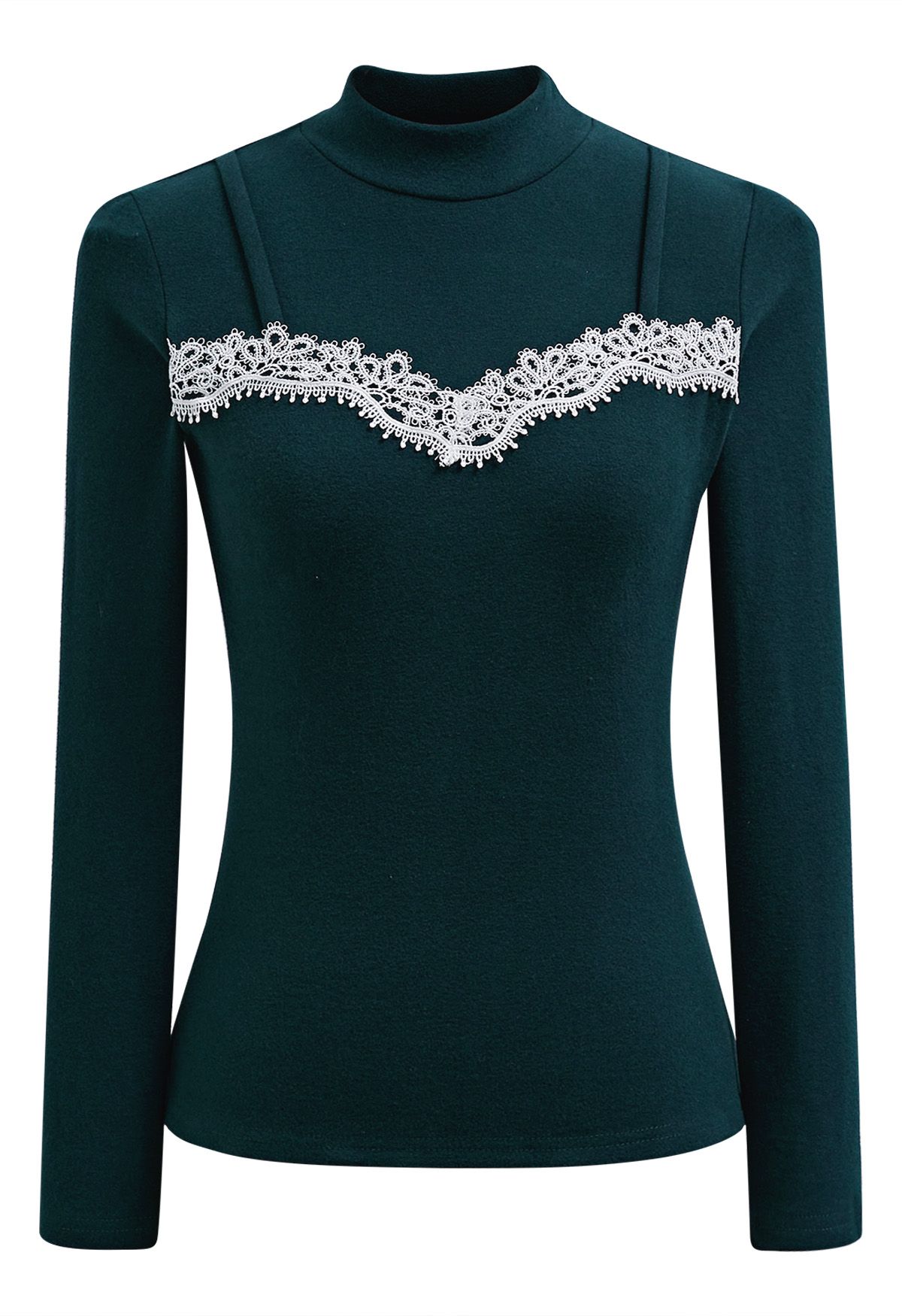 Tender Touch Crochet Trim Mock Neck Top in Dark Green