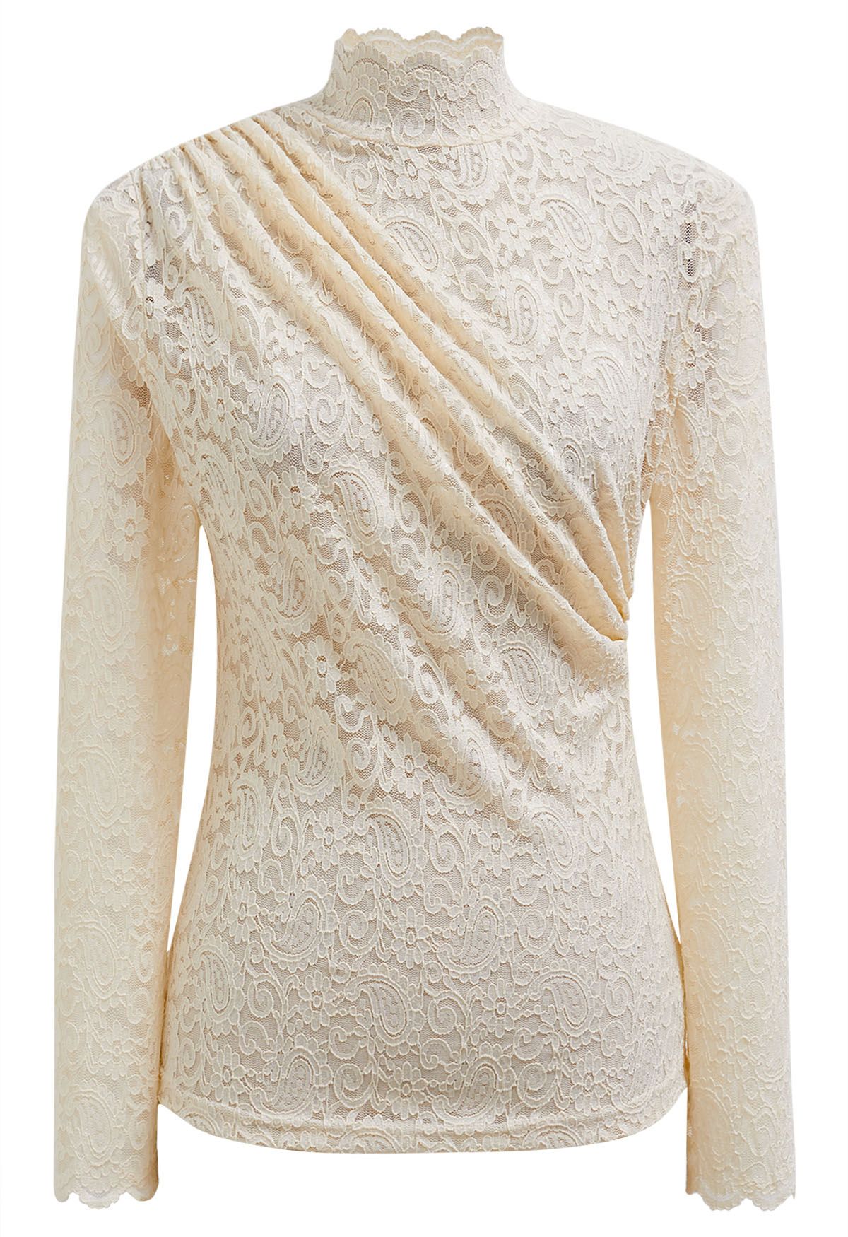 Ruched Front Full Lace High Neck Top in Cream