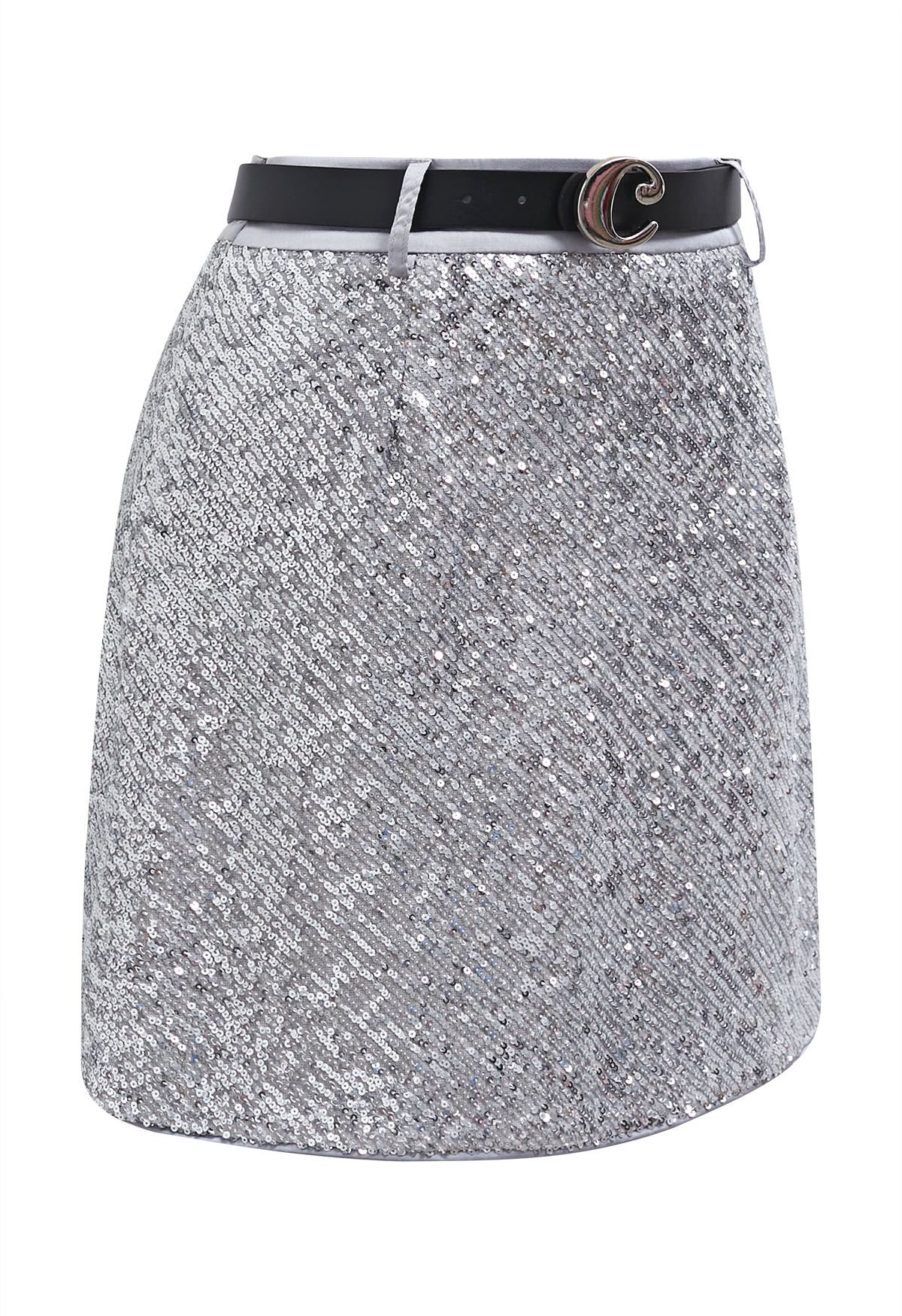 Sparkling Sequin Belted Mini Bud Skirt in Silver