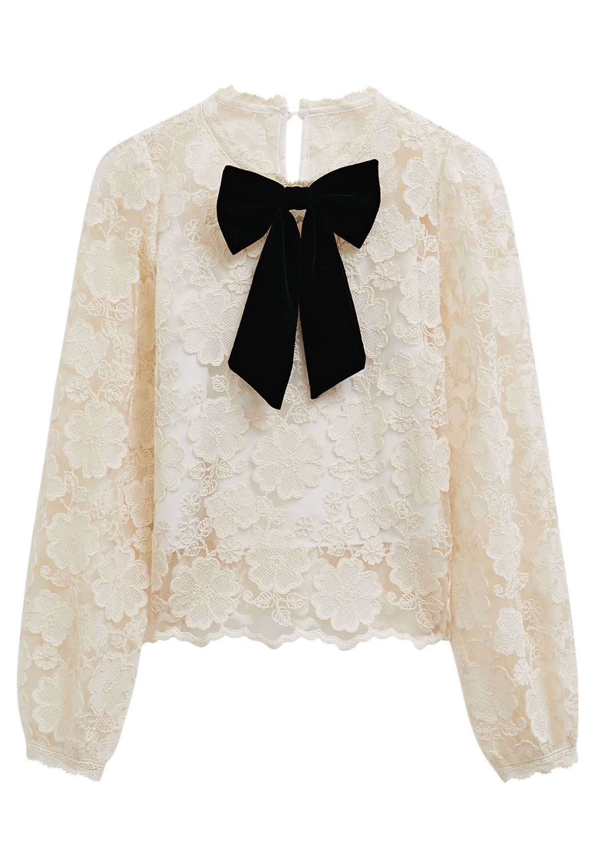 Velvet Bowknot Floral Embroidery Sheer Mesh Top